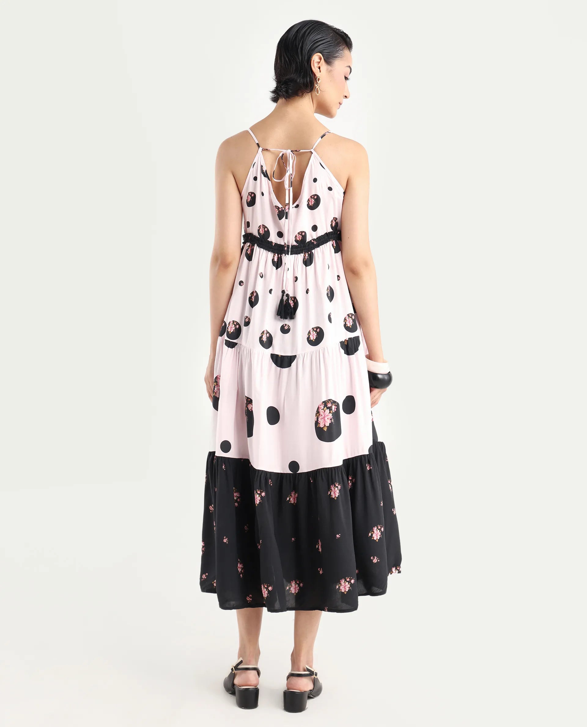 Rareism Women's Lavandula Pink Polyester Shoulder Strap Polka Print Shoulder Strap Midi Relaxed Fit Dress