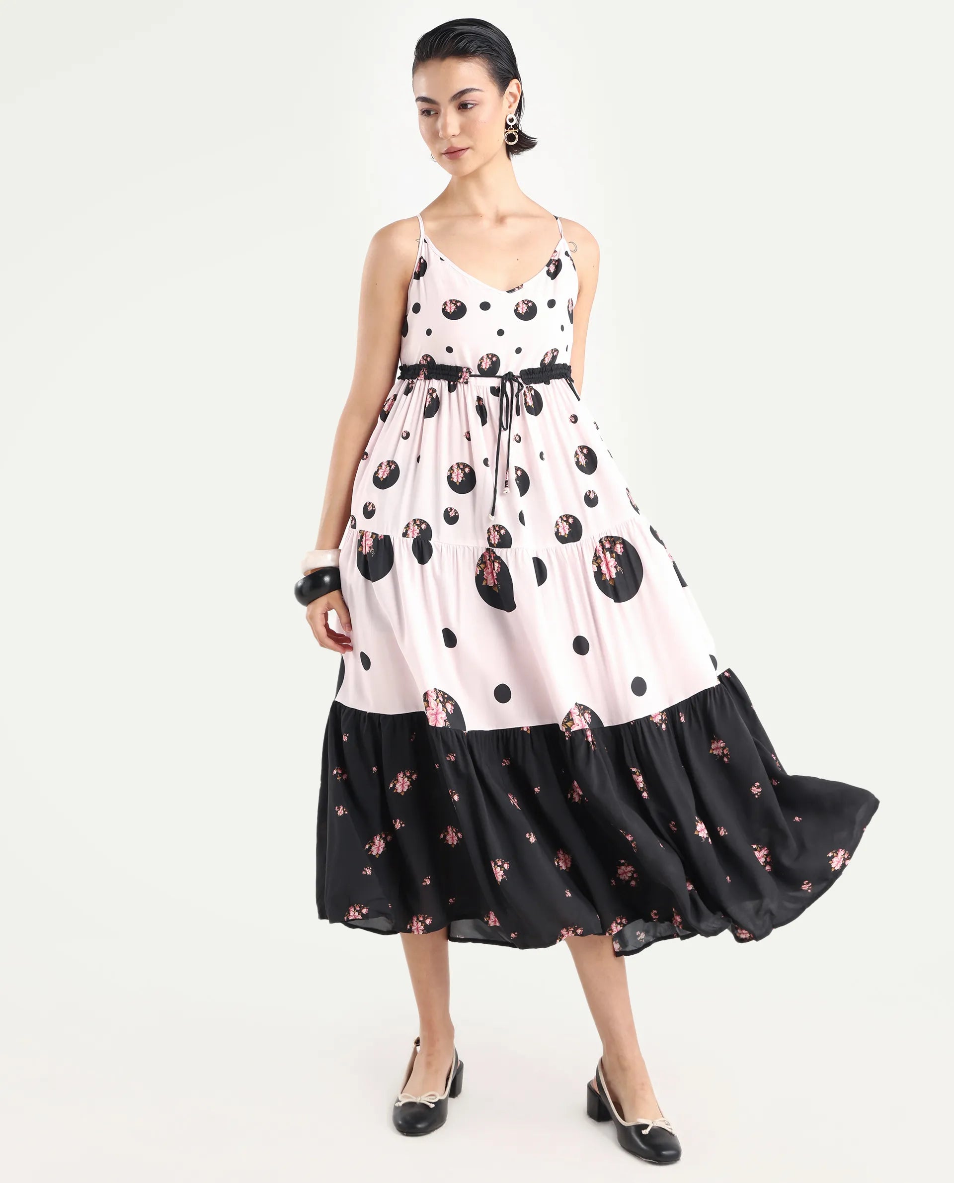 Rareism Women's Lavandula Pink Polyester Shoulder Strap Polka Print Shoulder Strap Midi Relaxed Fit Dress