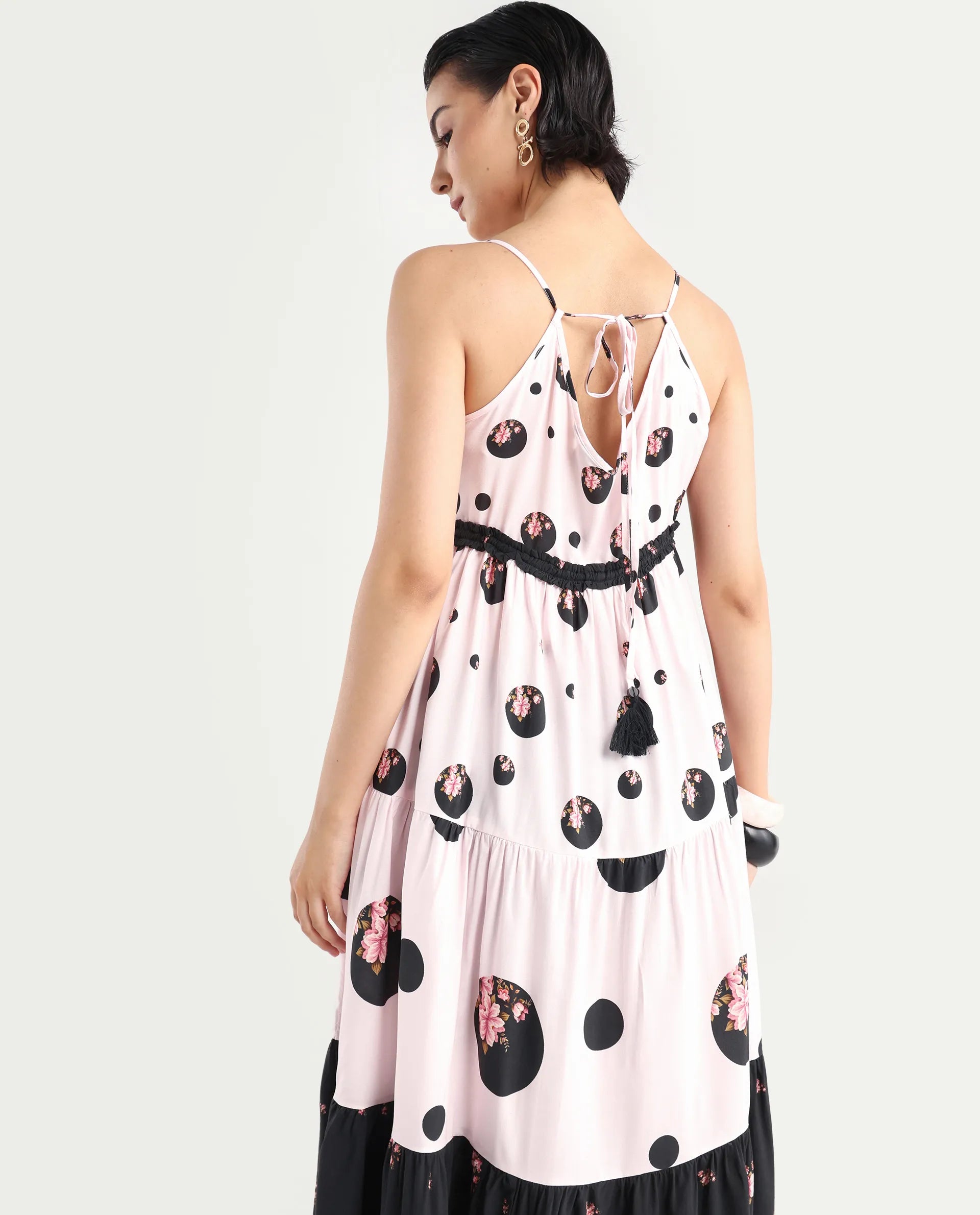 Rareism Women's Lavandula Pink Polyester Shoulder Strap Polka Print Shoulder Strap Midi Relaxed Fit Dress