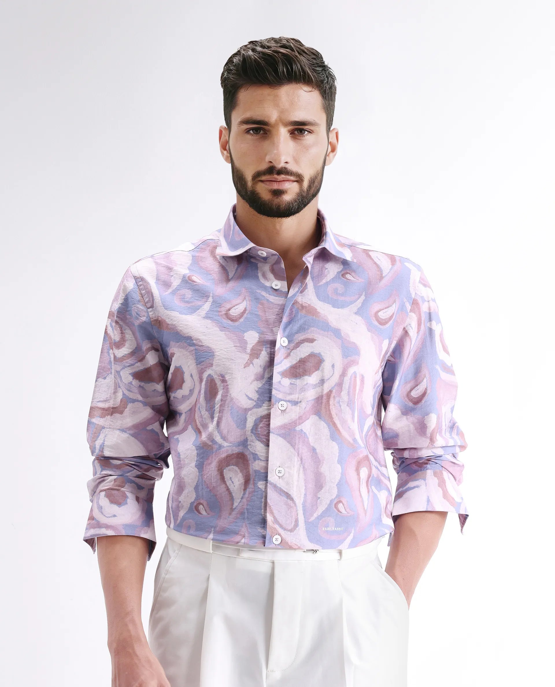 Rare Rabbit Men's Lavato Light Purple Viscose Abstract Print Regular Fit Full Sleeve Collared Shirt
