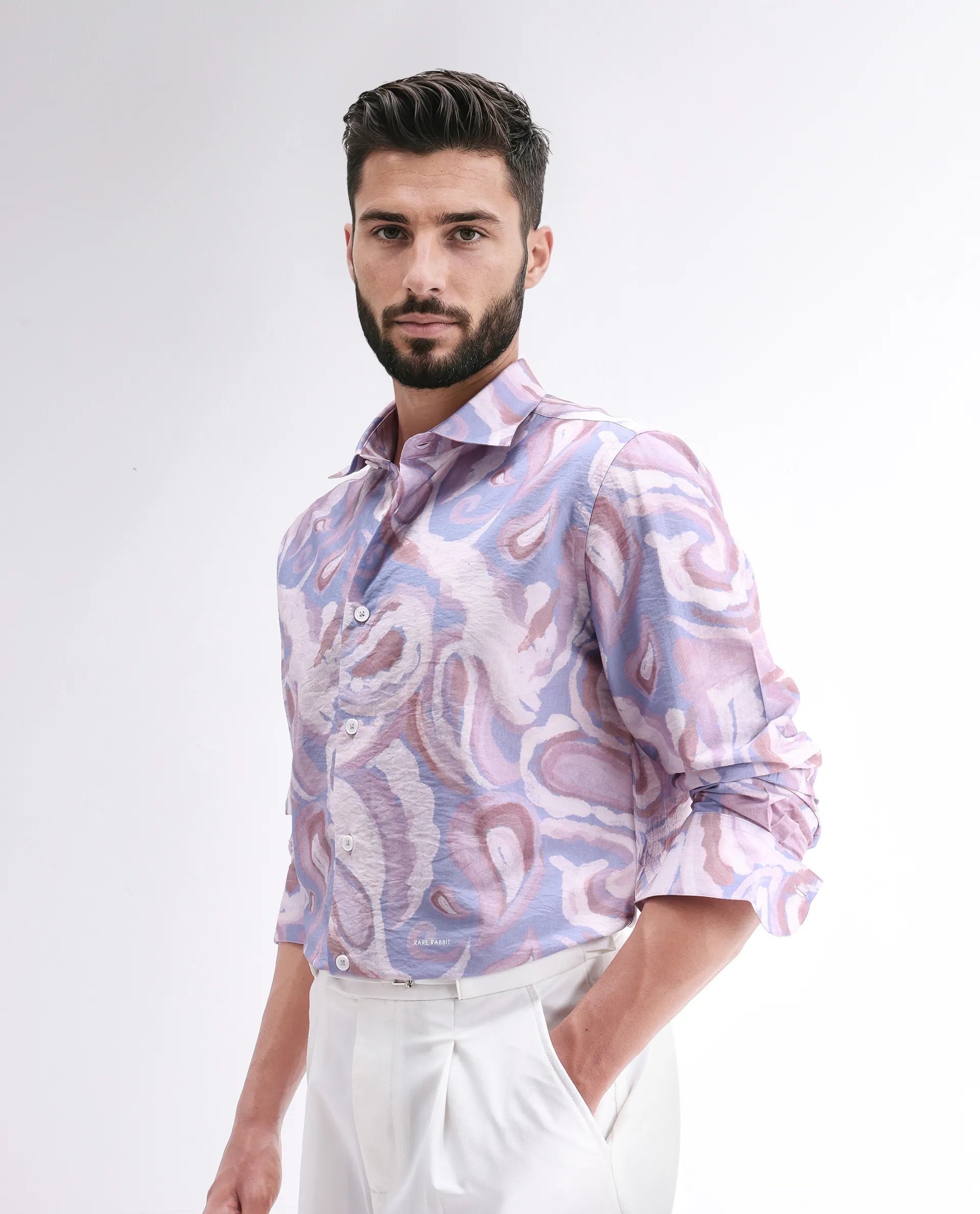 Rare Rabbit Men's Lavato Light Purple Viscose Abstract Print Regular Fit Full Sleeve Collared Shirt