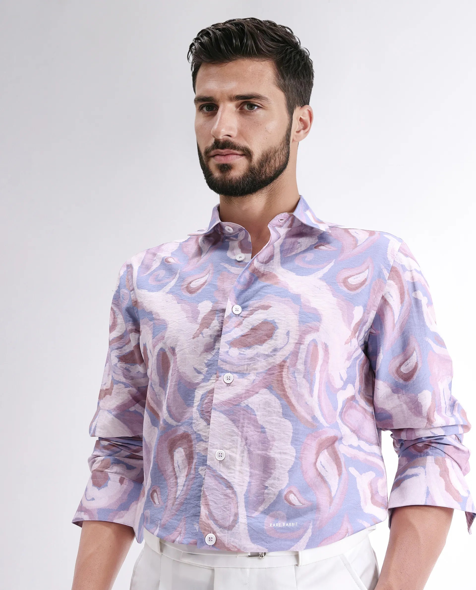 Rare Rabbit Men's Lavato Light Purple Viscose Abstract Print Regular Fit Full Sleeve Collared Shirt