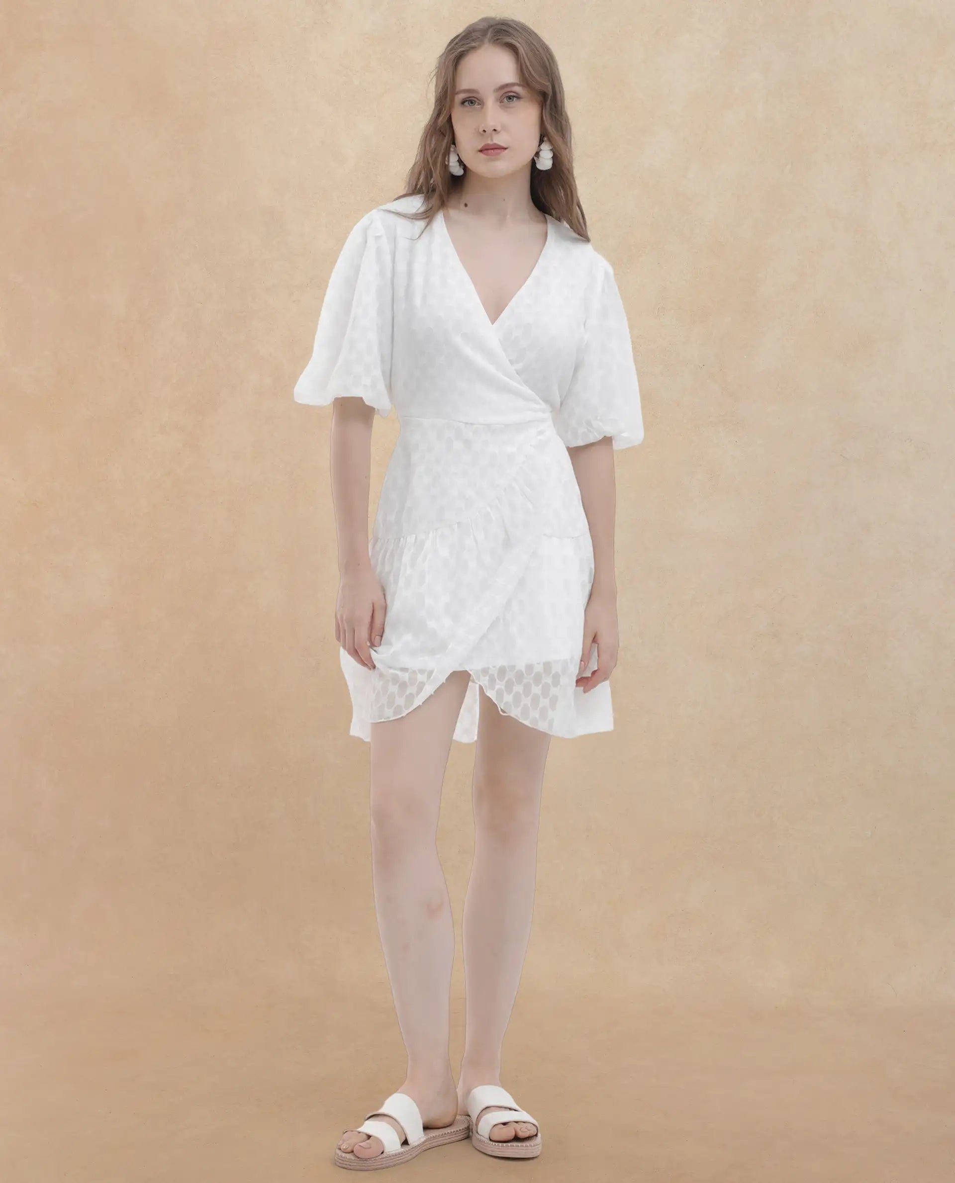 Rareism Women's Lavelle White Cotton Overlap Neck Jacquard Balloon Sleeve Mini Fit And Flare Dress