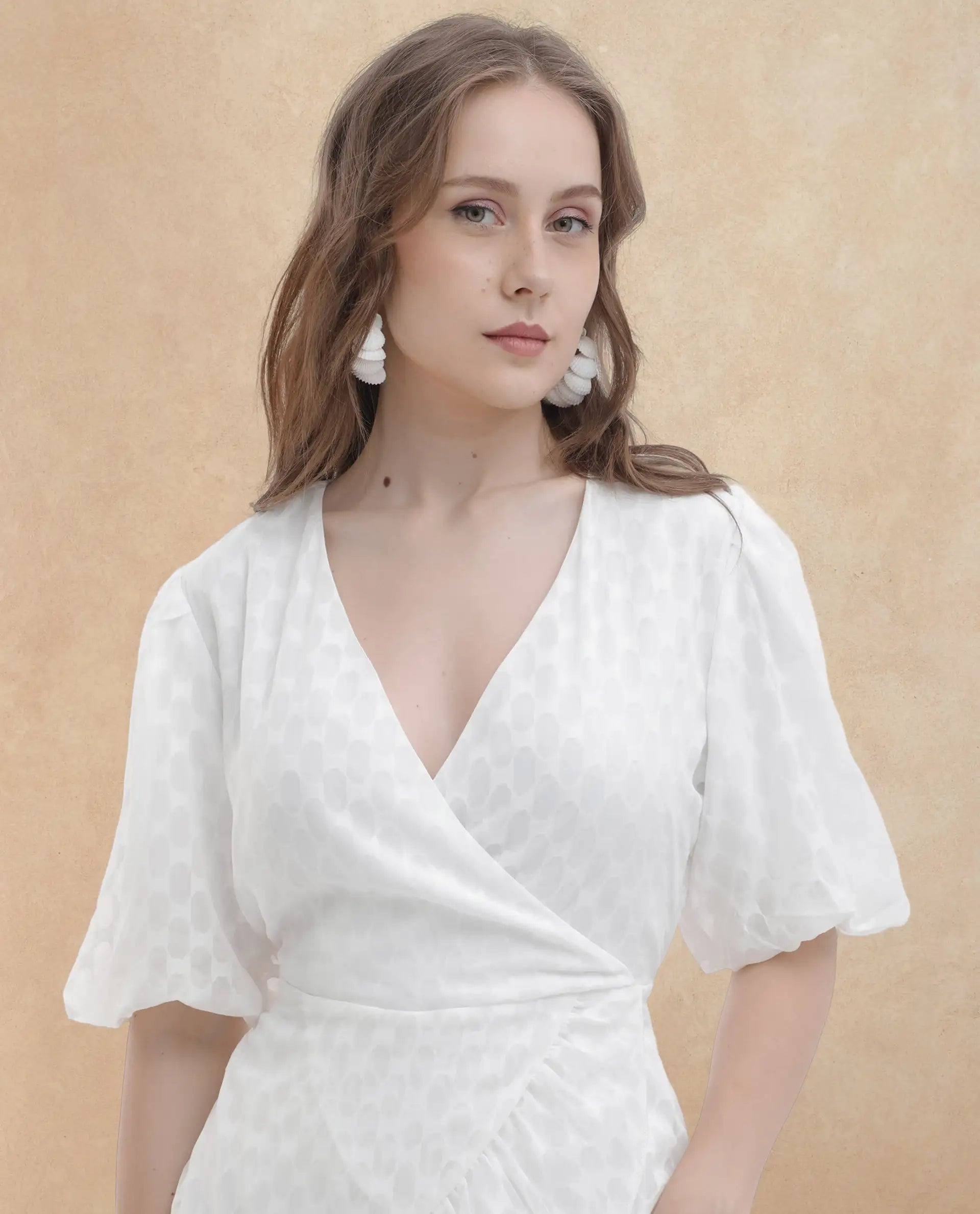 Rareism Women's Lavelle White Cotton Overlap Neck Jacquard Balloon Sleeve Mini Fit And Flare Dress