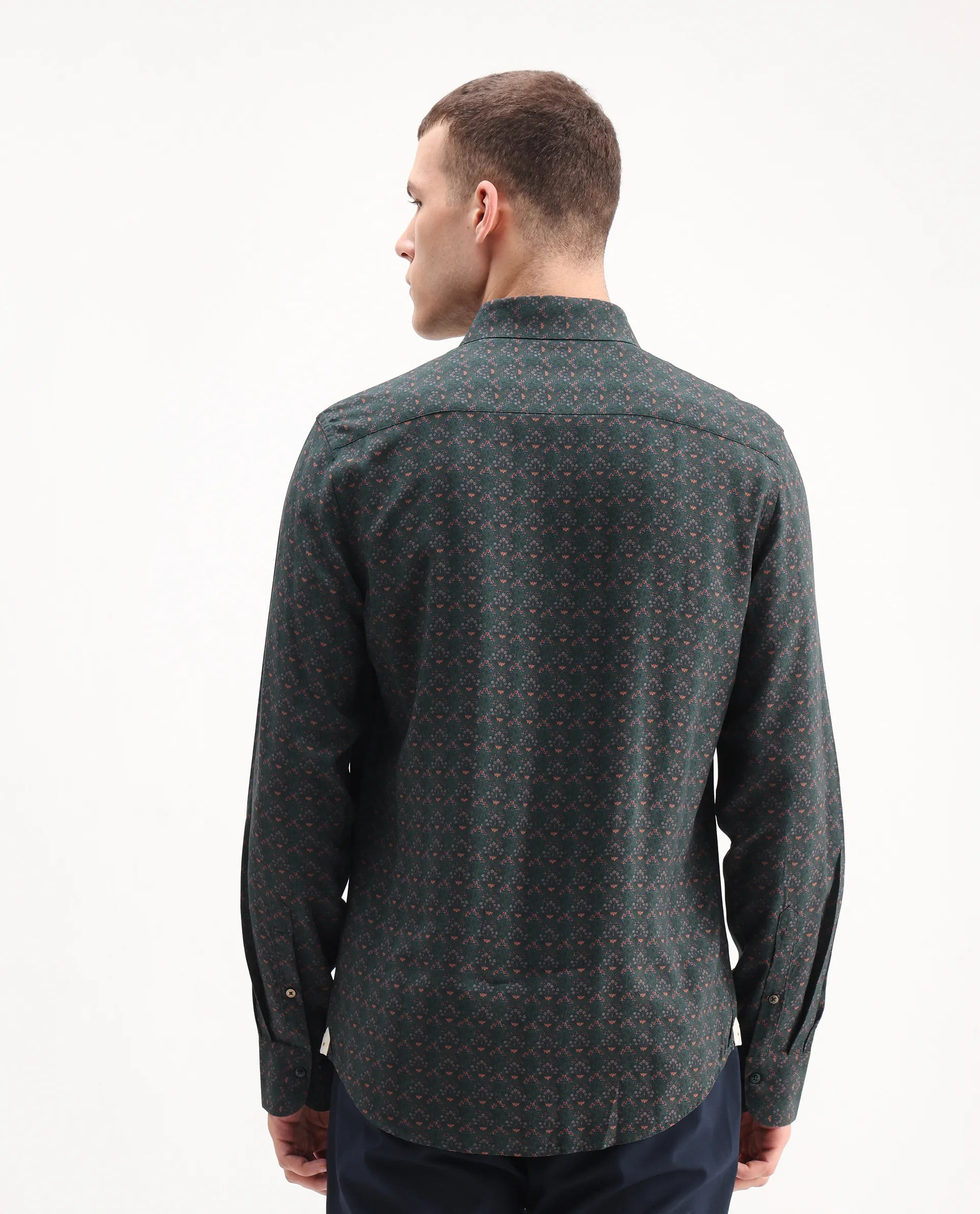 Rare Rabbit Men's Lavi Dark Green Viscose Floral Print Regular Fit Full Sleeve Collared Shirt