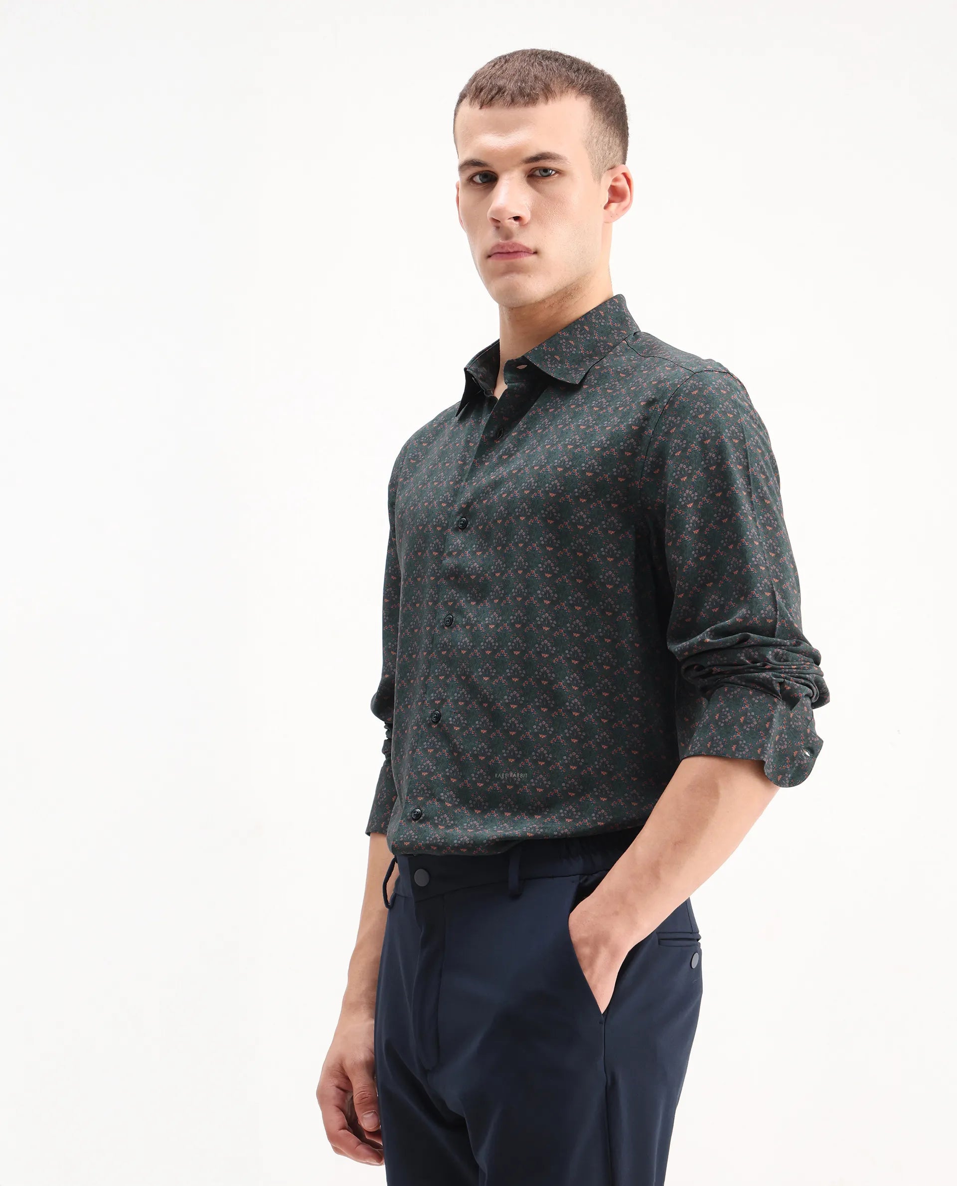 Rare Rabbit Men's Lavi Dark Green Viscose Floral Print Regular Fit Full Sleeve Collared Shirt