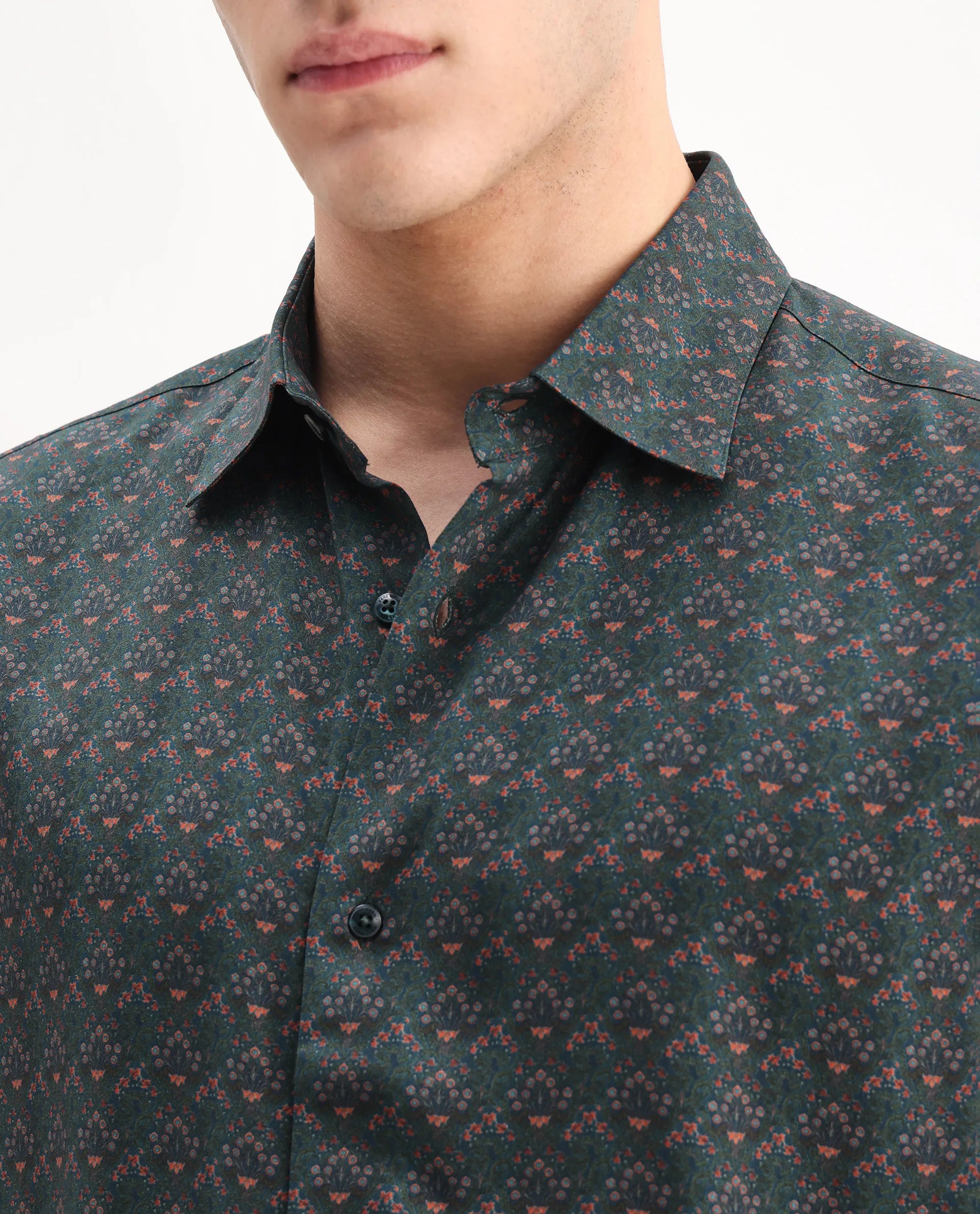 Rare Rabbit Men's Lavi Dark Green Viscose Floral Print Regular Fit Full Sleeve Collared Shirt