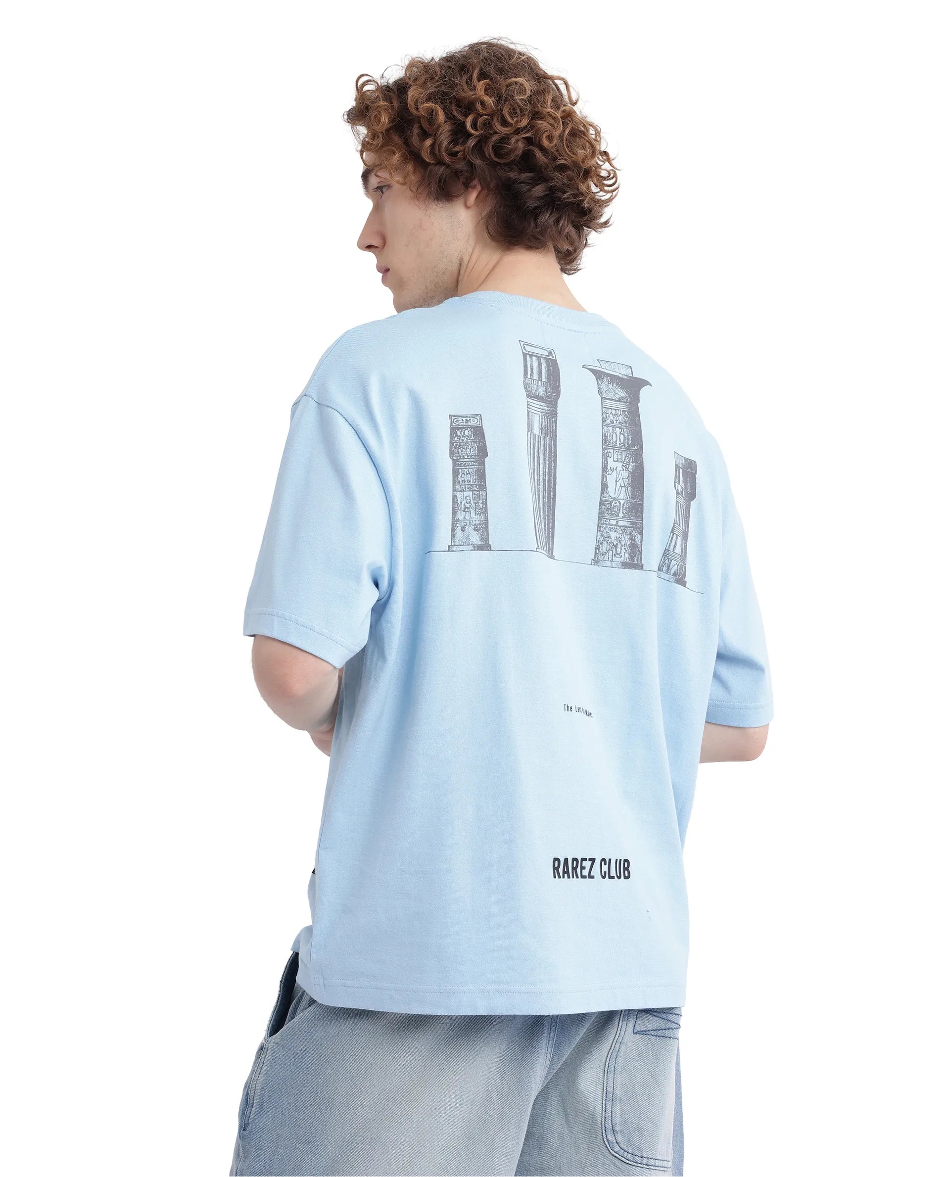 Rare Rabbit Men Laun Light Blue Cotton Fabric Short Sleeve Crew Neck Oversized Fit Off Placement HD Print T-Shirt