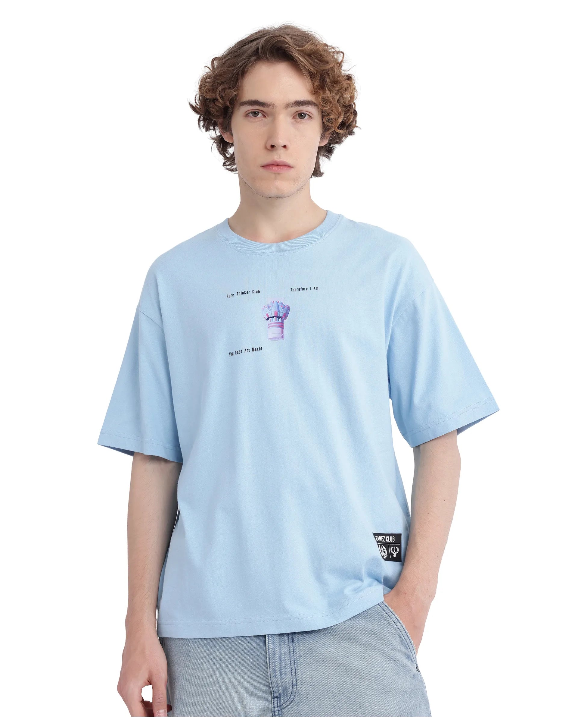 Rare Rabbit Men Laun Light Blue Cotton Fabric Short Sleeve Crew Neck Oversized Fit Off Placement HD Print T-Shirt