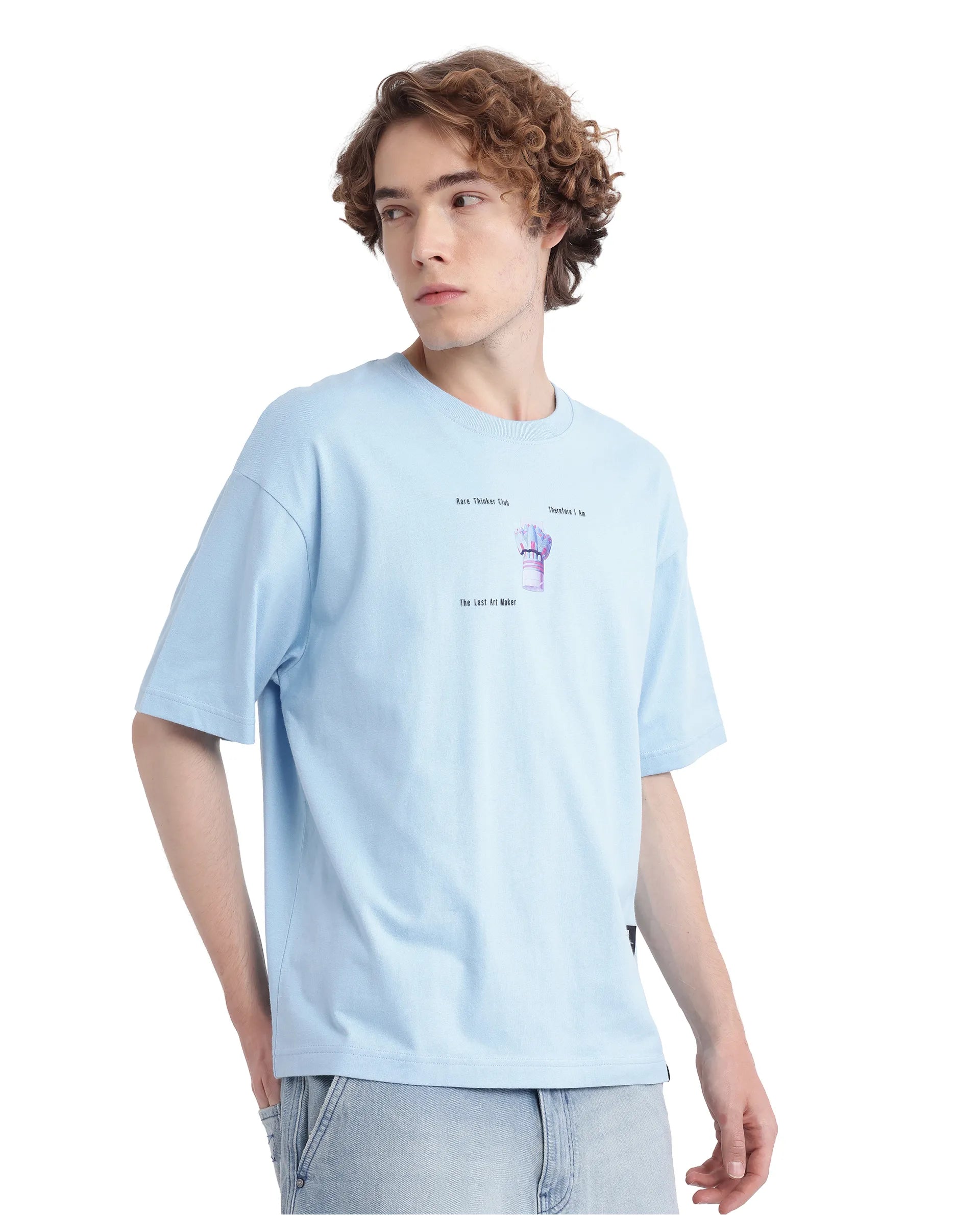 Rare Rabbit Men Laun Light Blue Cotton Fabric Short Sleeve Crew Neck Oversized Fit Off Placement HD Print T-Shirt