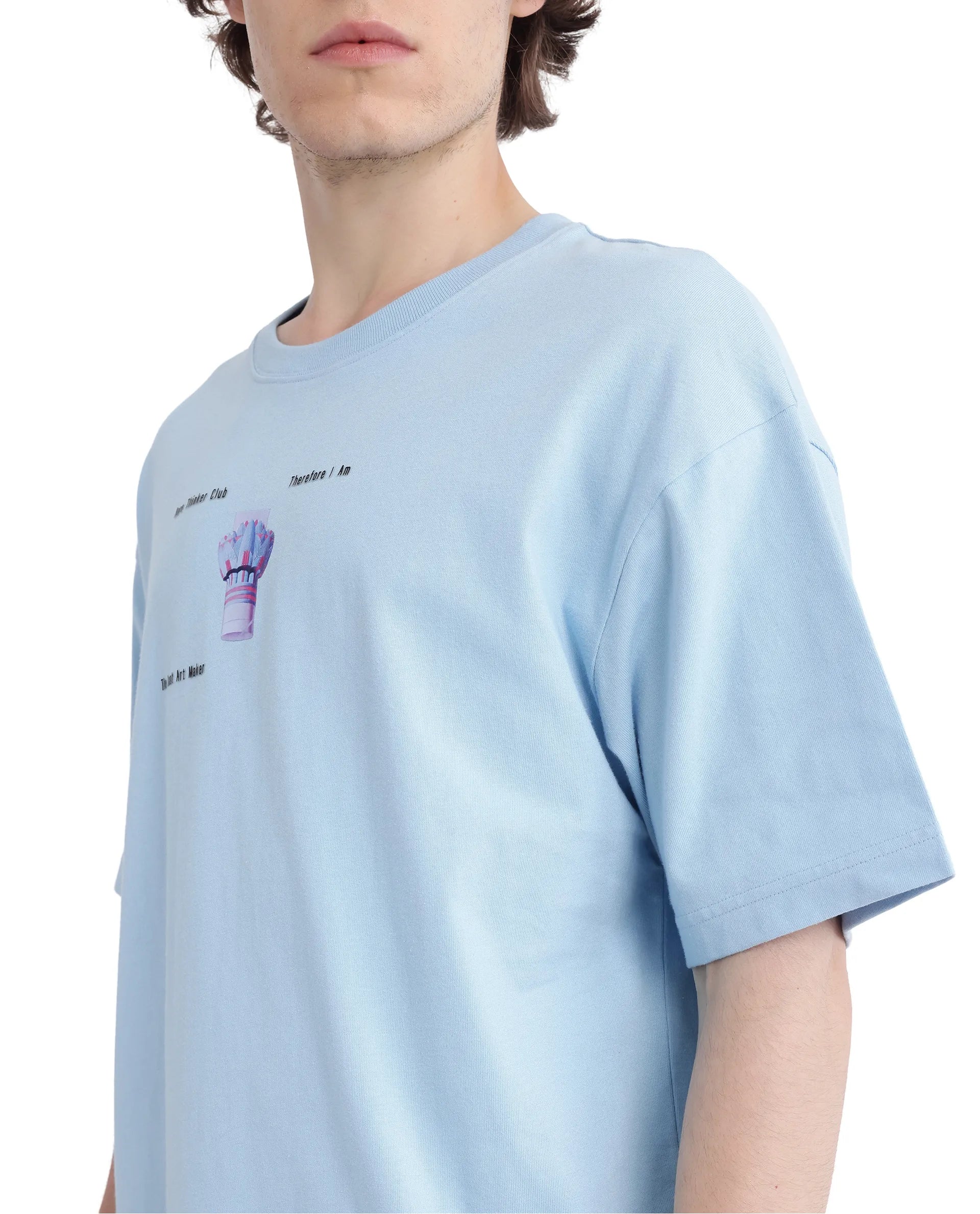 Rare Rabbit Men Laun Light Blue Cotton Fabric Short Sleeve Crew Neck Oversized Fit Off Placement HD Print T-Shirt