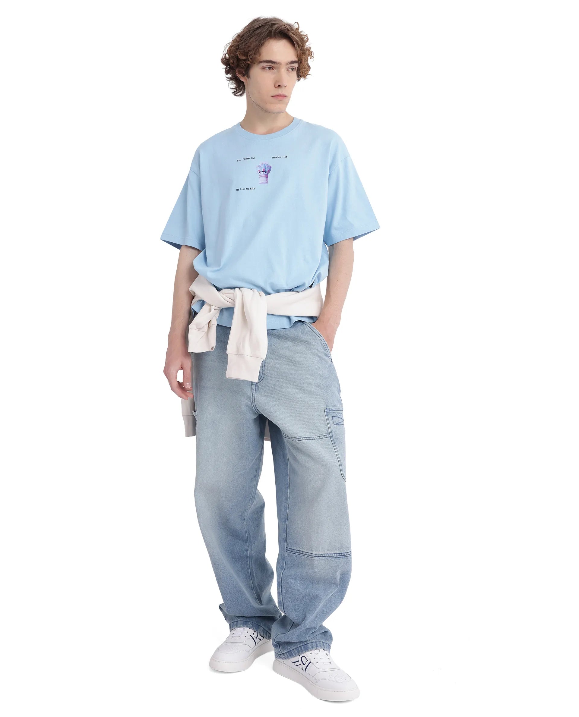 Rare Rabbit Men Laun Light Blue Cotton Fabric Short Sleeve Crew Neck Oversized Fit Off Placement HD Print T-Shirt