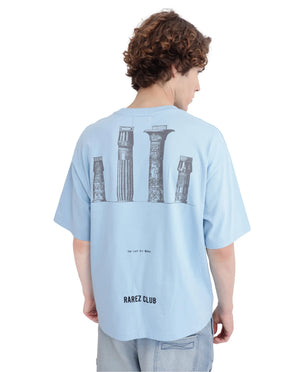 Rare Rabbit Men Laun Light Blue Cotton Fabric Short Sleeve Crew Neck Oversized Fit Off Placement HD Print T-Shirt