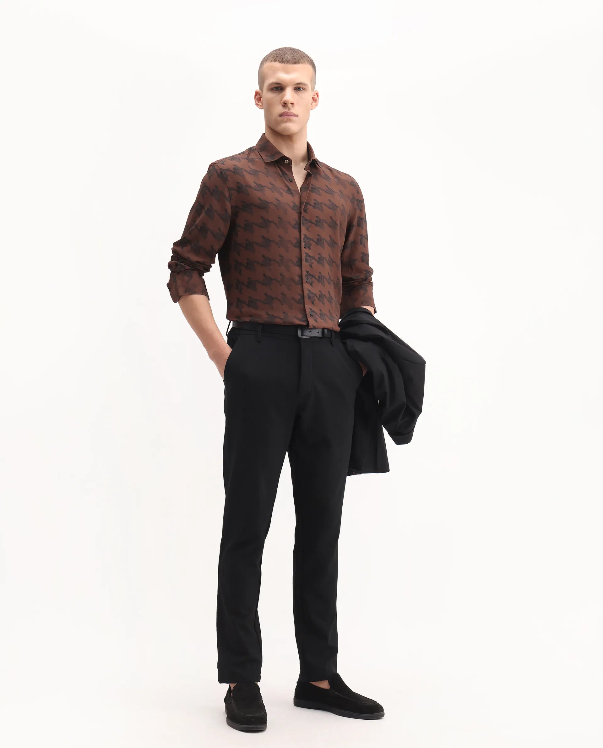 Rare Rabbit Men's Laxo Black Viscose Houndstooth Print Regular Fit Full Sleeve Collared Shirt