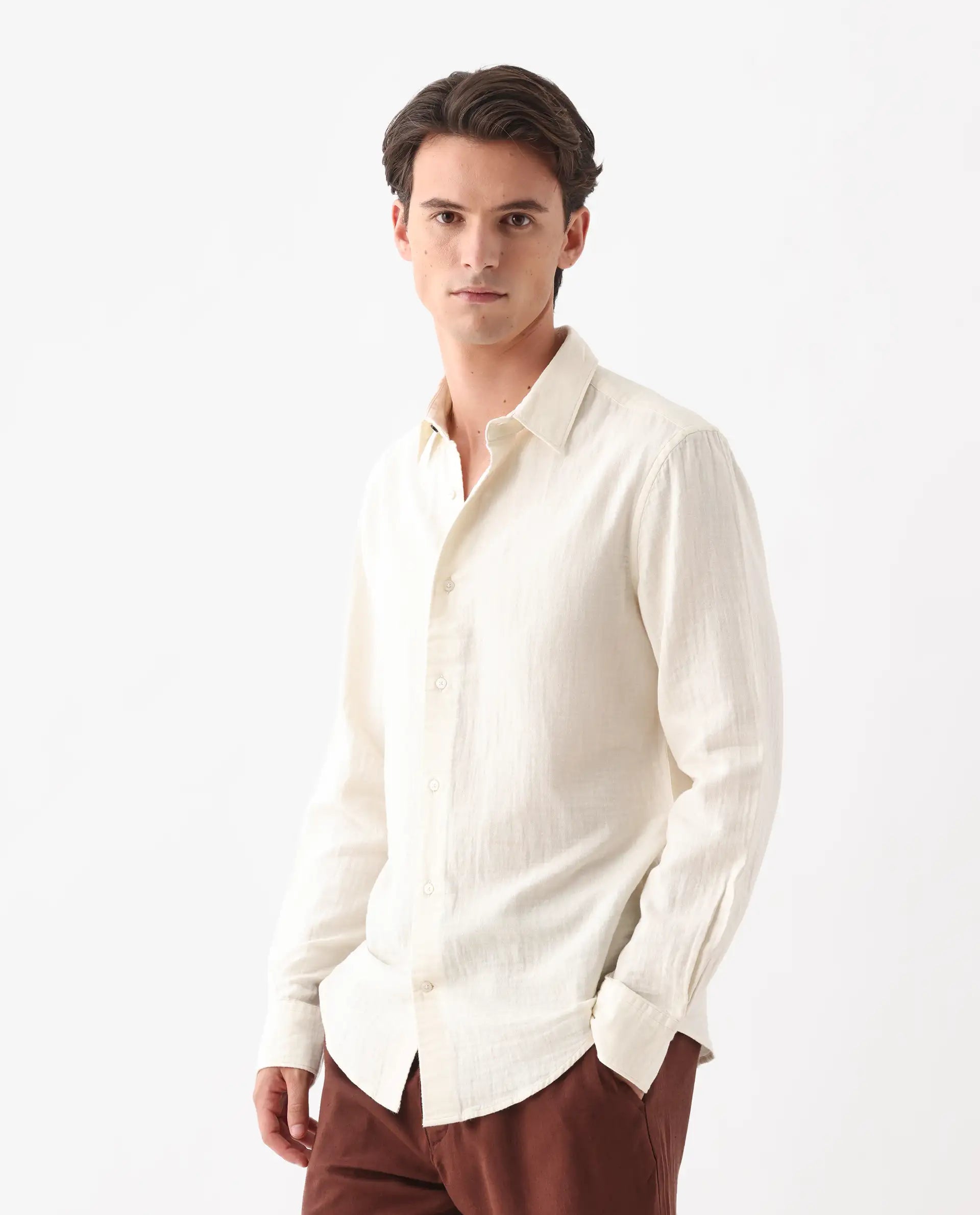 Rare Rabbit Men's Layerr-26 Off White Cotton Plain Regular Fit Full Sleeve Collared Shirt