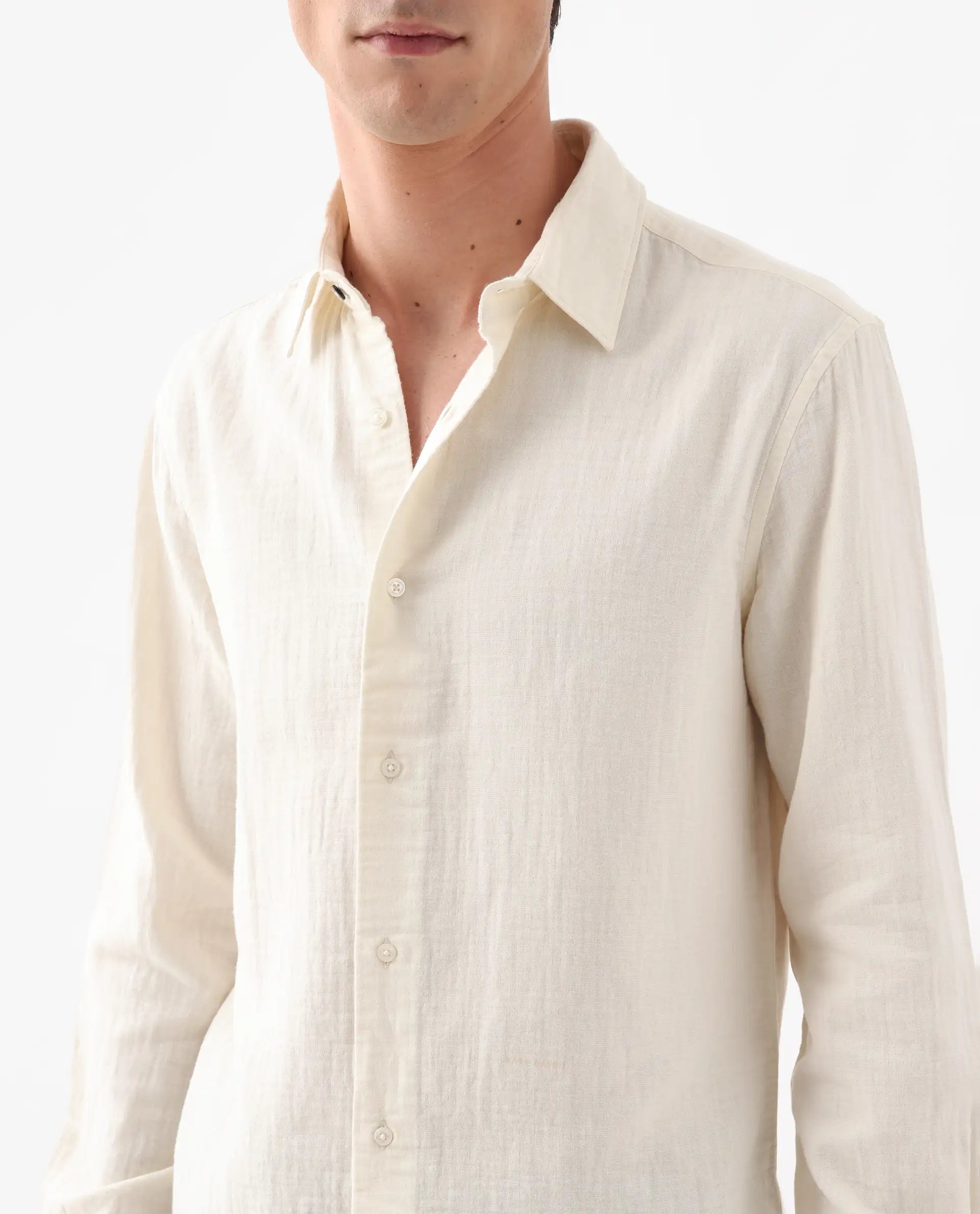 Rare Rabbit Men's Layerr-26 Off White Cotton Plain Regular Fit Full Sleeve Collared Shirt