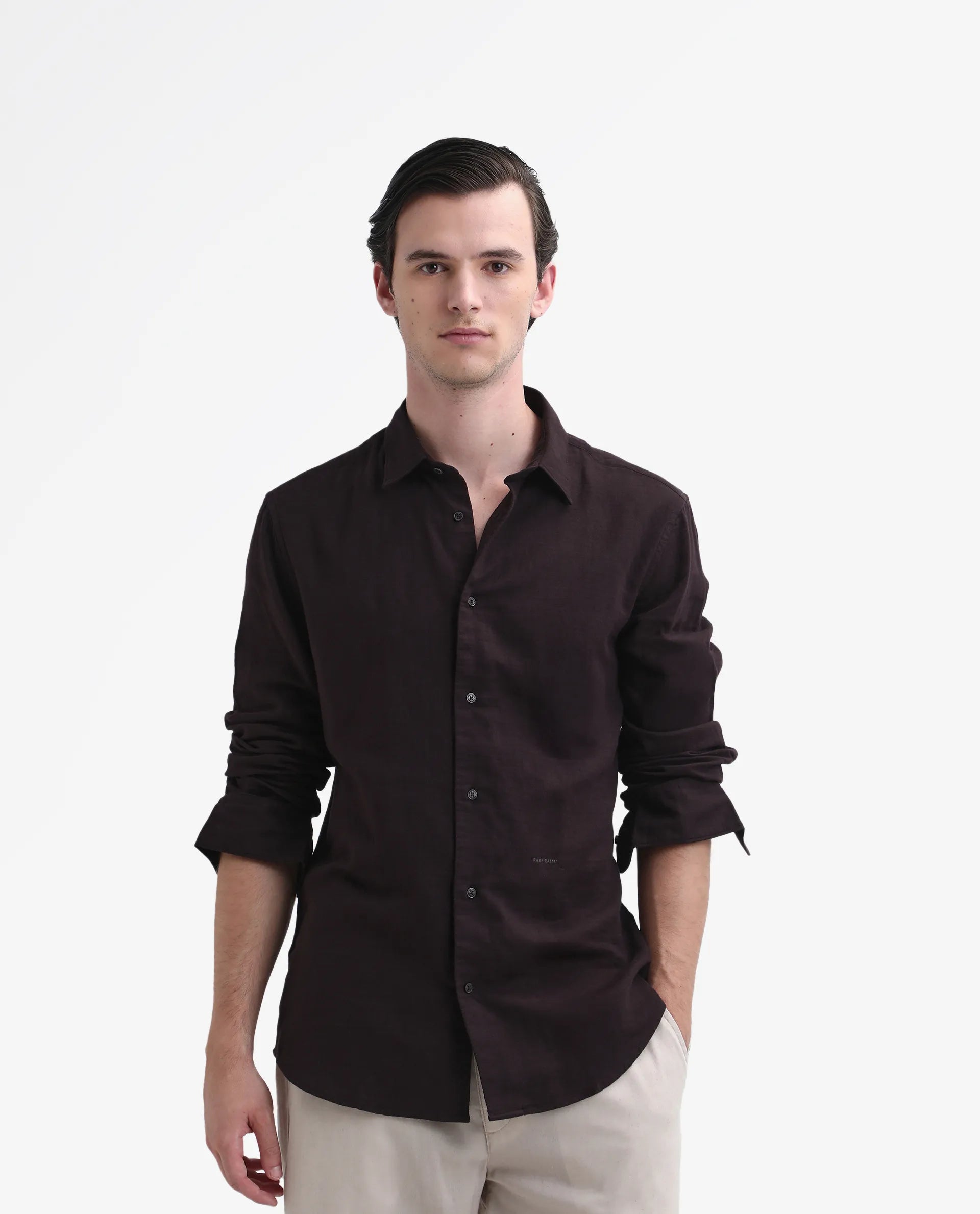 Rare Rabbit Men's Layerr-26 Dark Brown Cotton Plain Regular Fit Full Sleeve Collared Shirt