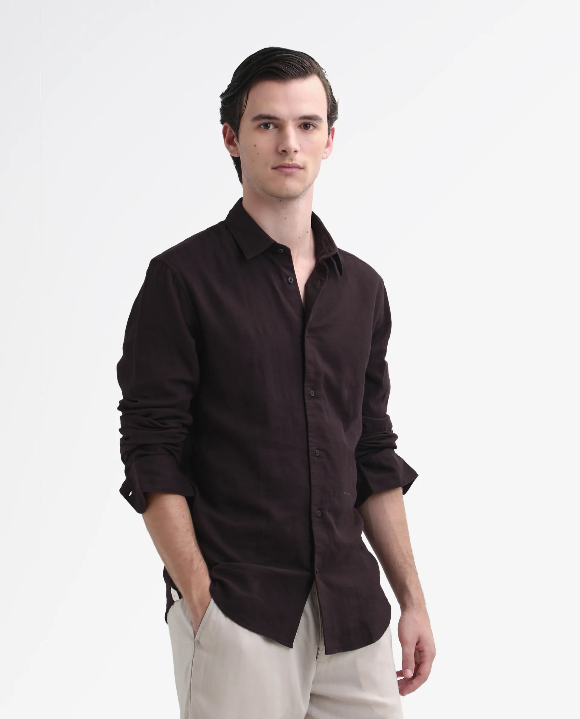Rare Rabbit Men's Layerr-26 Dark Brown Cotton Plain Regular Fit Full Sleeve Collared Shirt