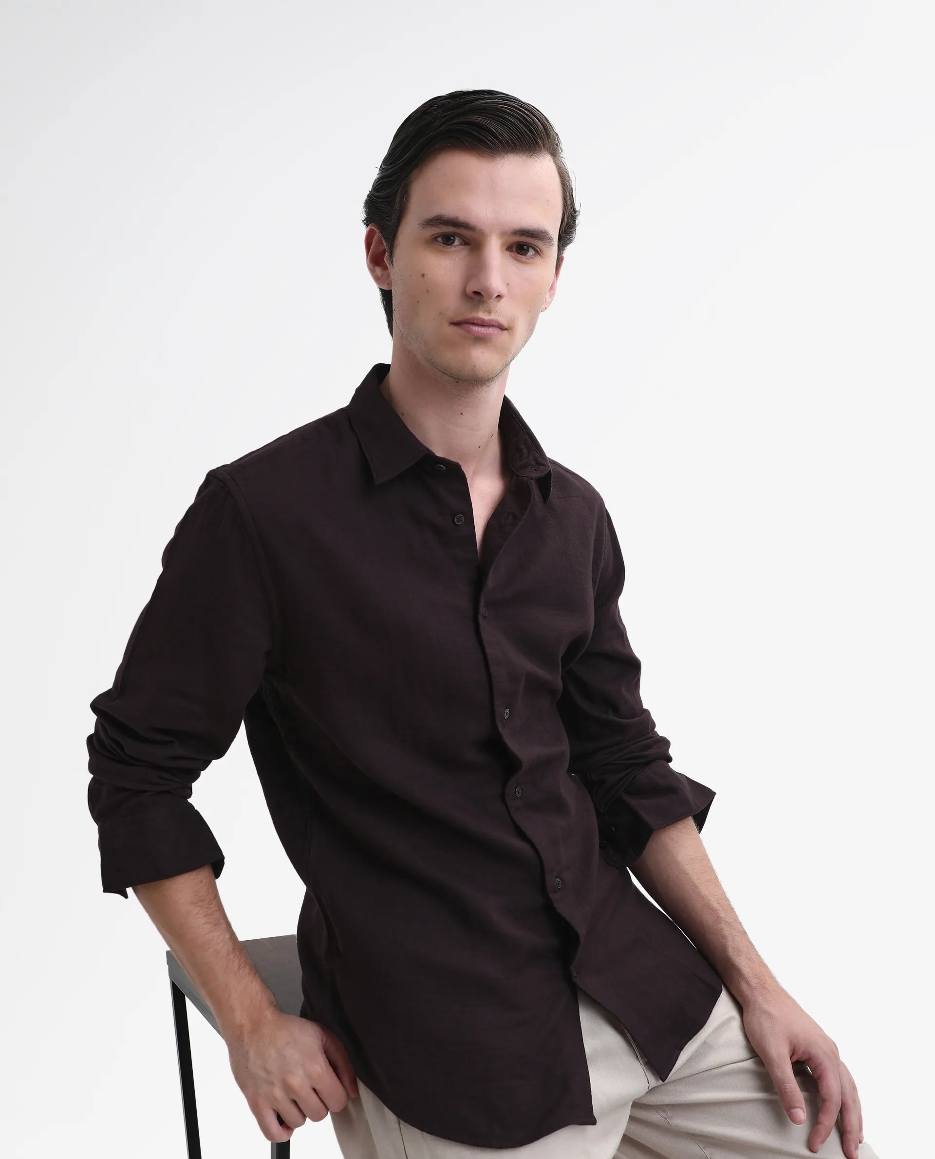 Rare Rabbit Men's Layerr-26 Dark Brown Cotton Plain Regular Fit Full Sleeve Collared Shirt