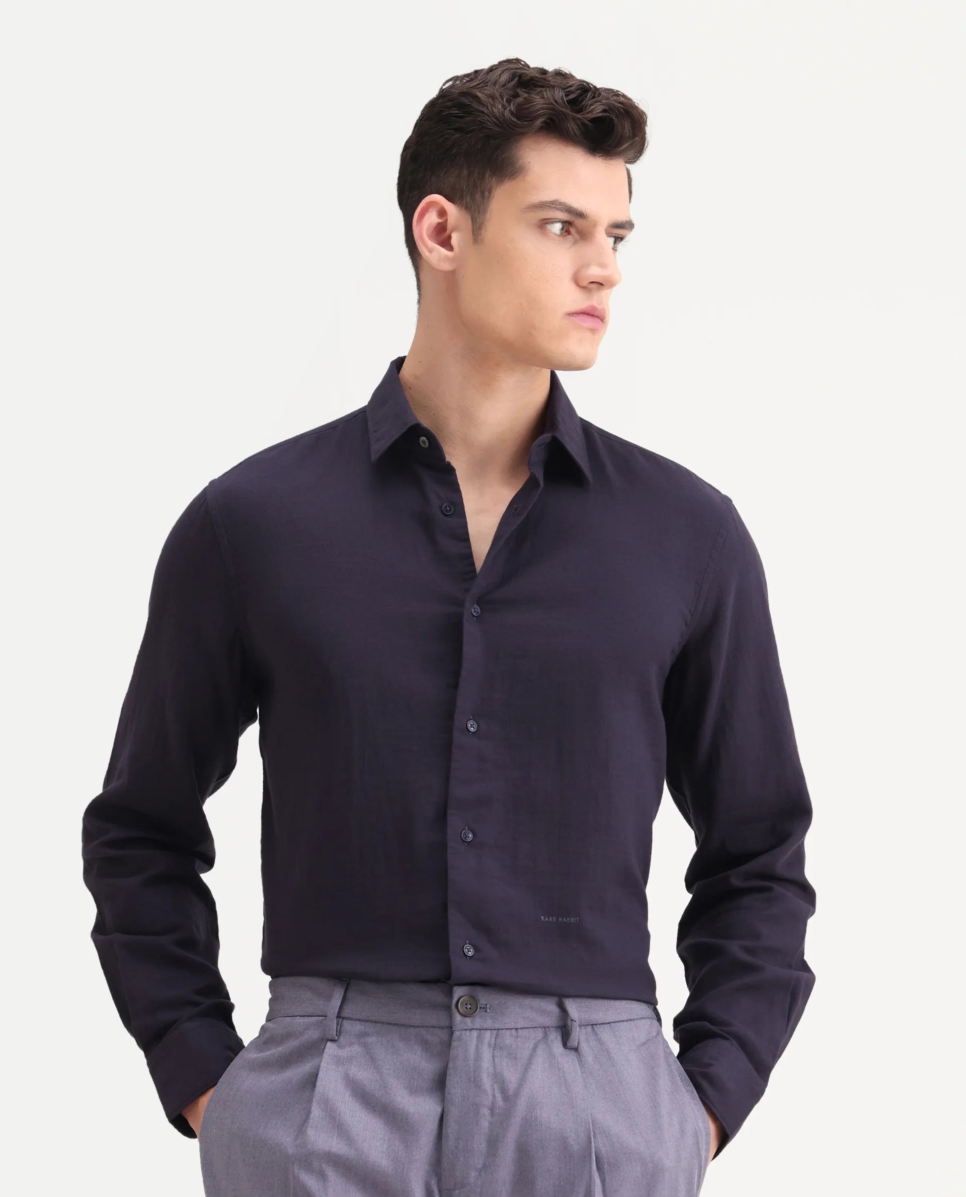 Rare Rabbit Men's Layerr-26 Purple Cotton Plain Regular Fit Full Sleeve Spread Collar Shirt