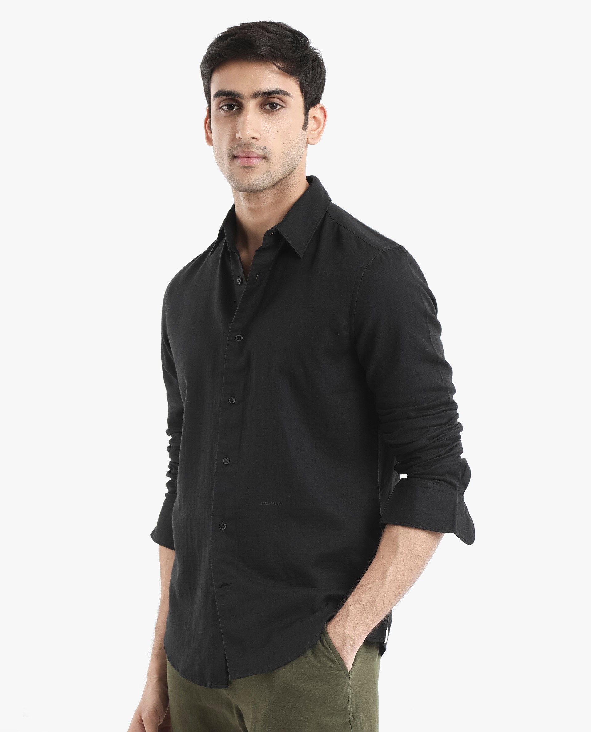 Rare Rabbit Men's Layerr-2 Black Cotton Fabric Full Sleeve Regular Fit Solid Shirt