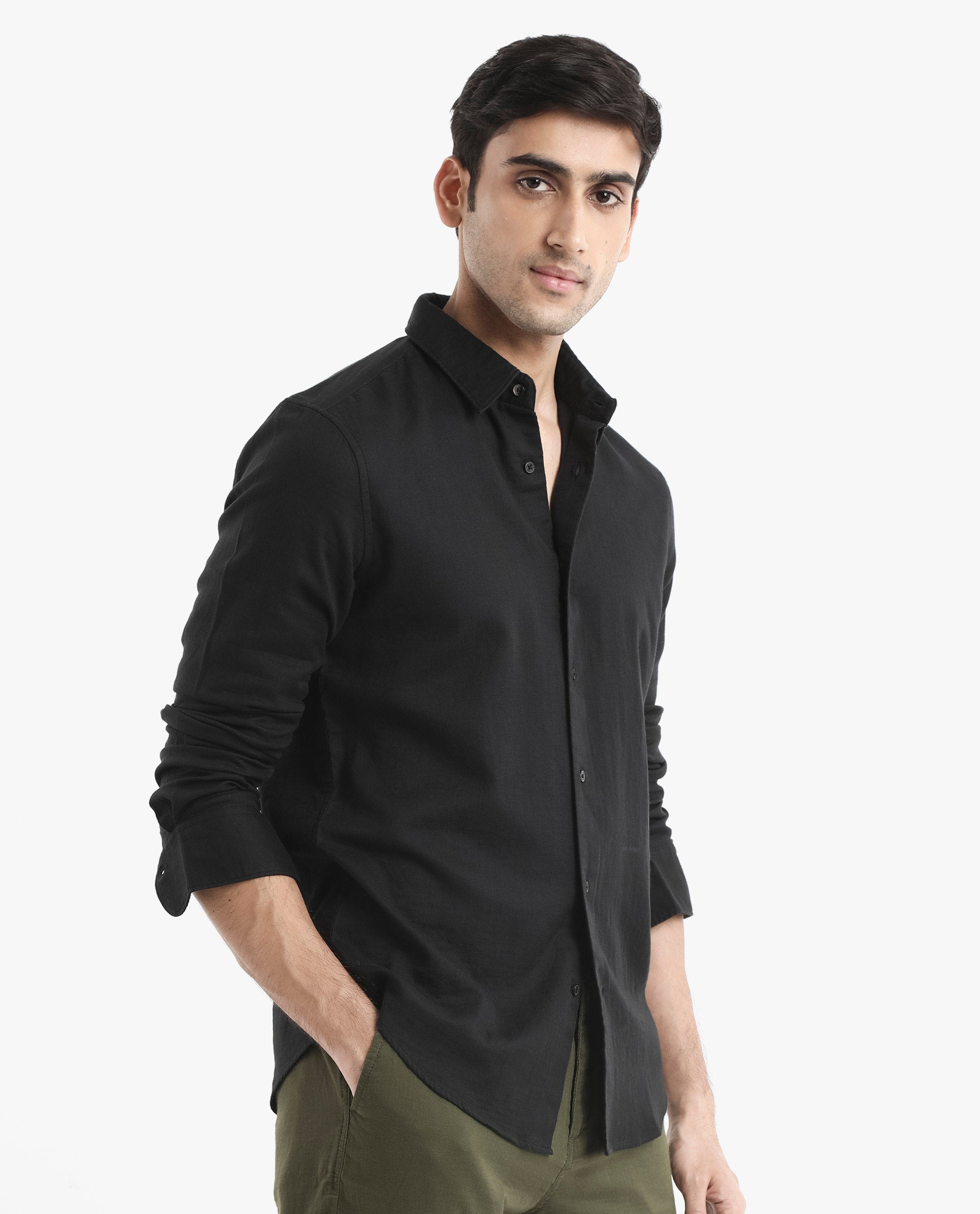 Rare Rabbit Men's Layerr-2 Black Cotton Fabric Full Sleeve Regular Fit Solid Shirt