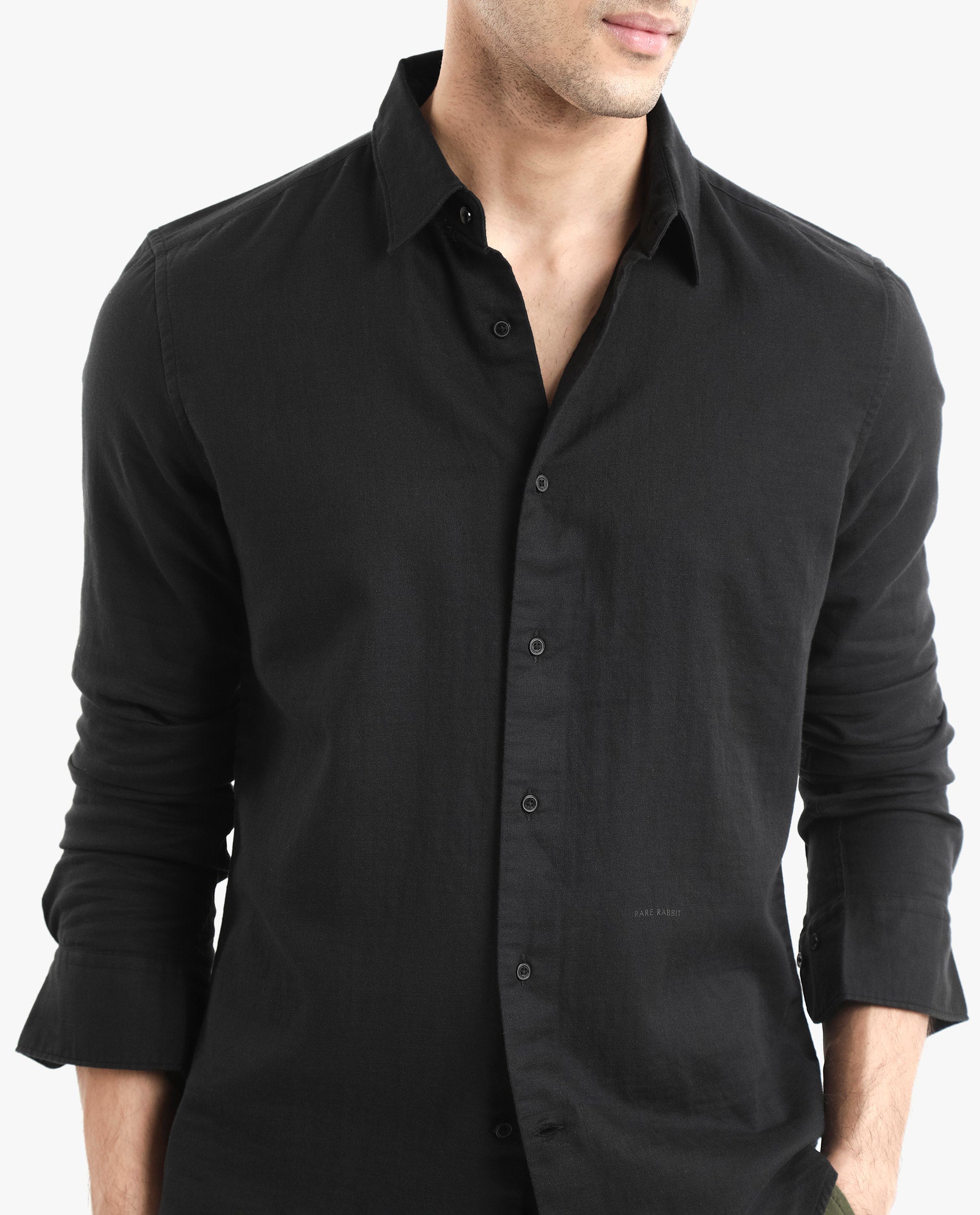 Rare Rabbit Men's Layerr-2 Black Cotton Fabric Full Sleeve Regular Fit Solid Shirt