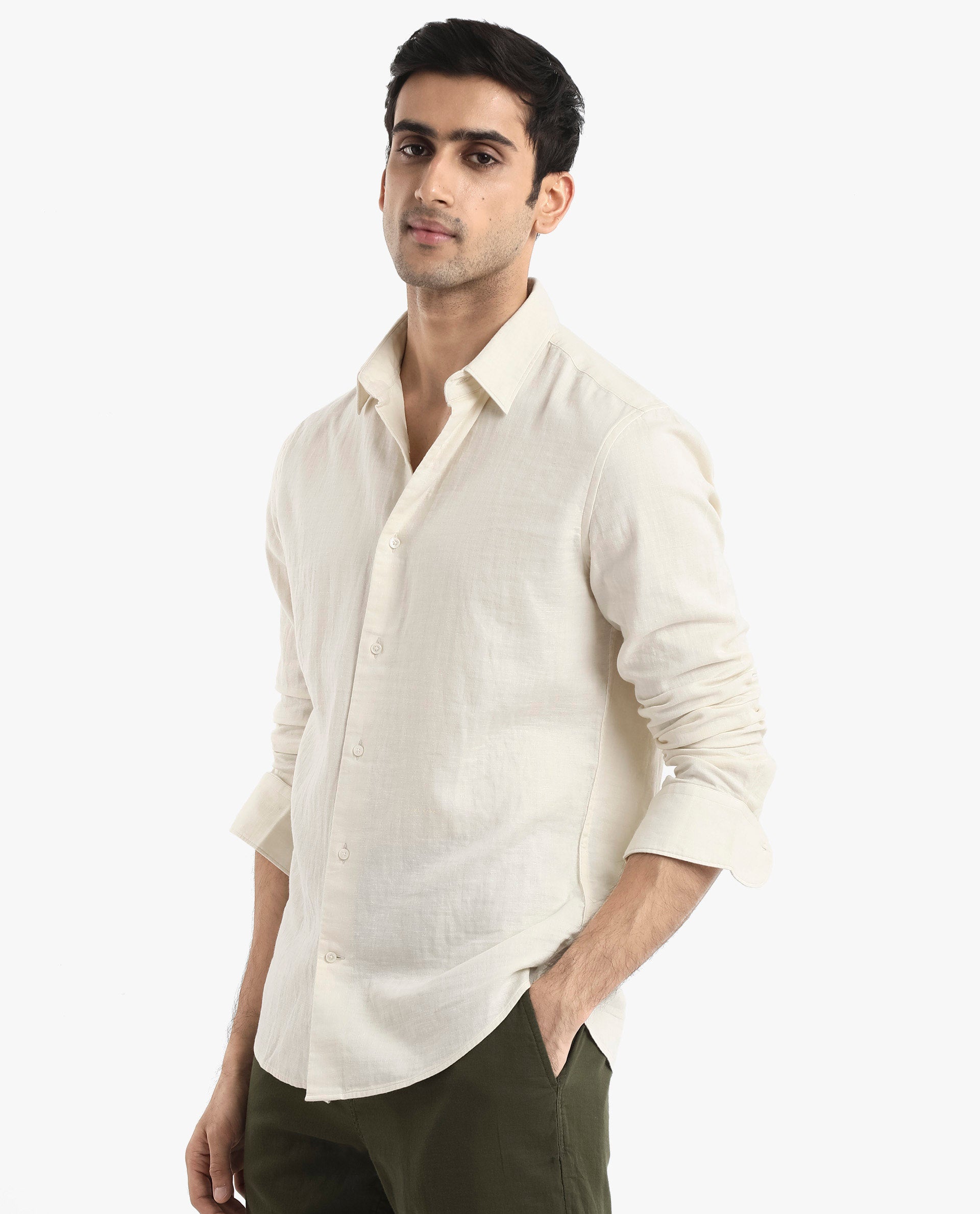 Rare Rabbit Men Layerr-2 Off White Cotton Fabric Full Sleeve Regular Fit Solid Shirt