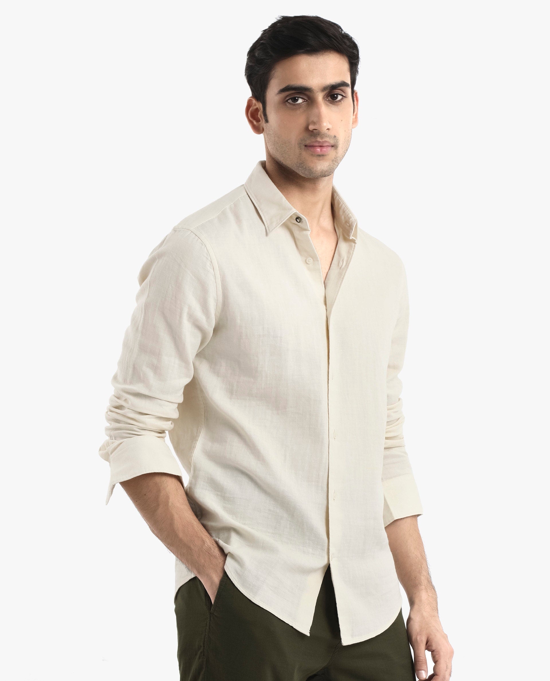 Rare Rabbit Men Layerr-2 Off White Cotton Fabric Full Sleeve Regular Fit Solid Shirt