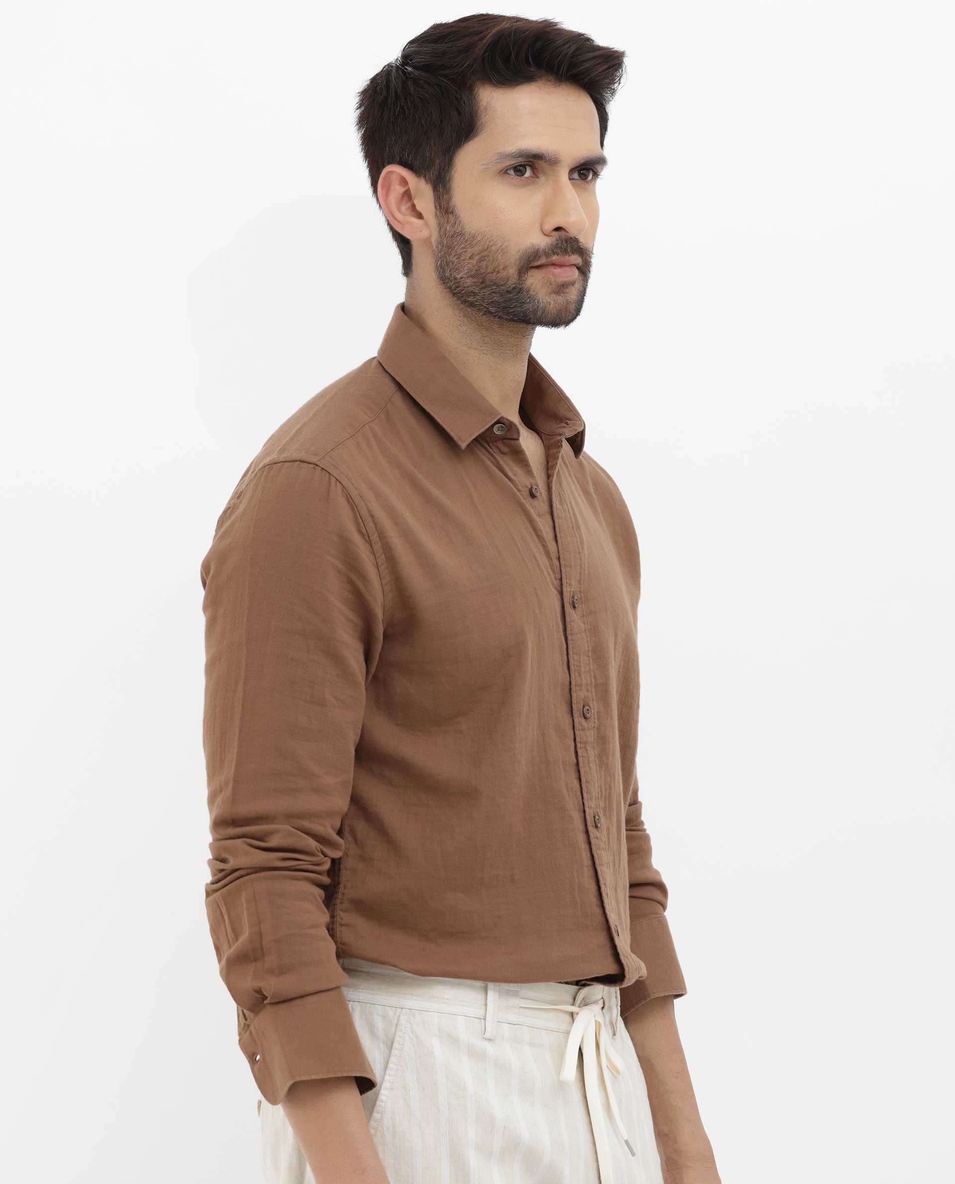 Rare Rabbit Mens Layerr Brown Cotton Fabric Full Sleeves Solid Shirt