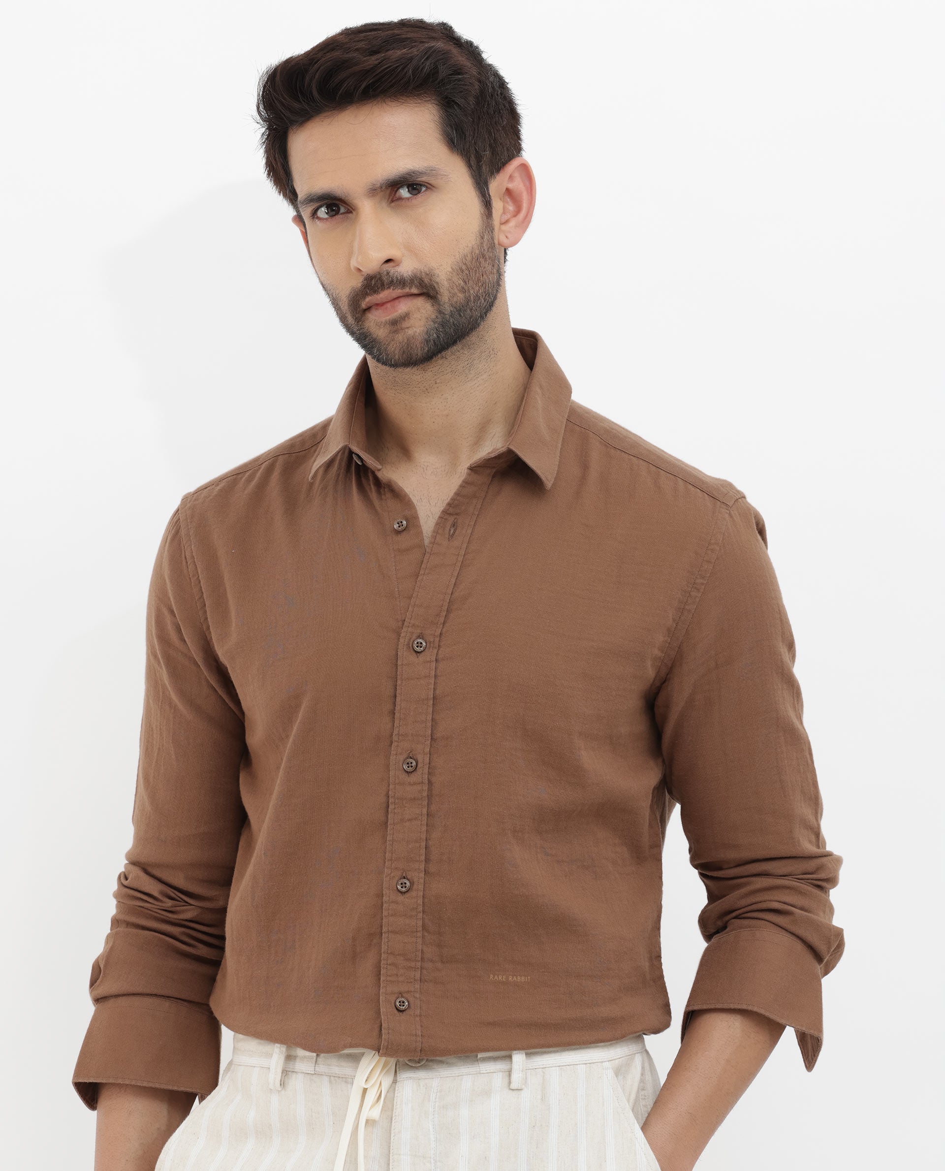 Rare Rabbit Mens Layerr Brown Cotton Fabric Full Sleeves Solid Shirt