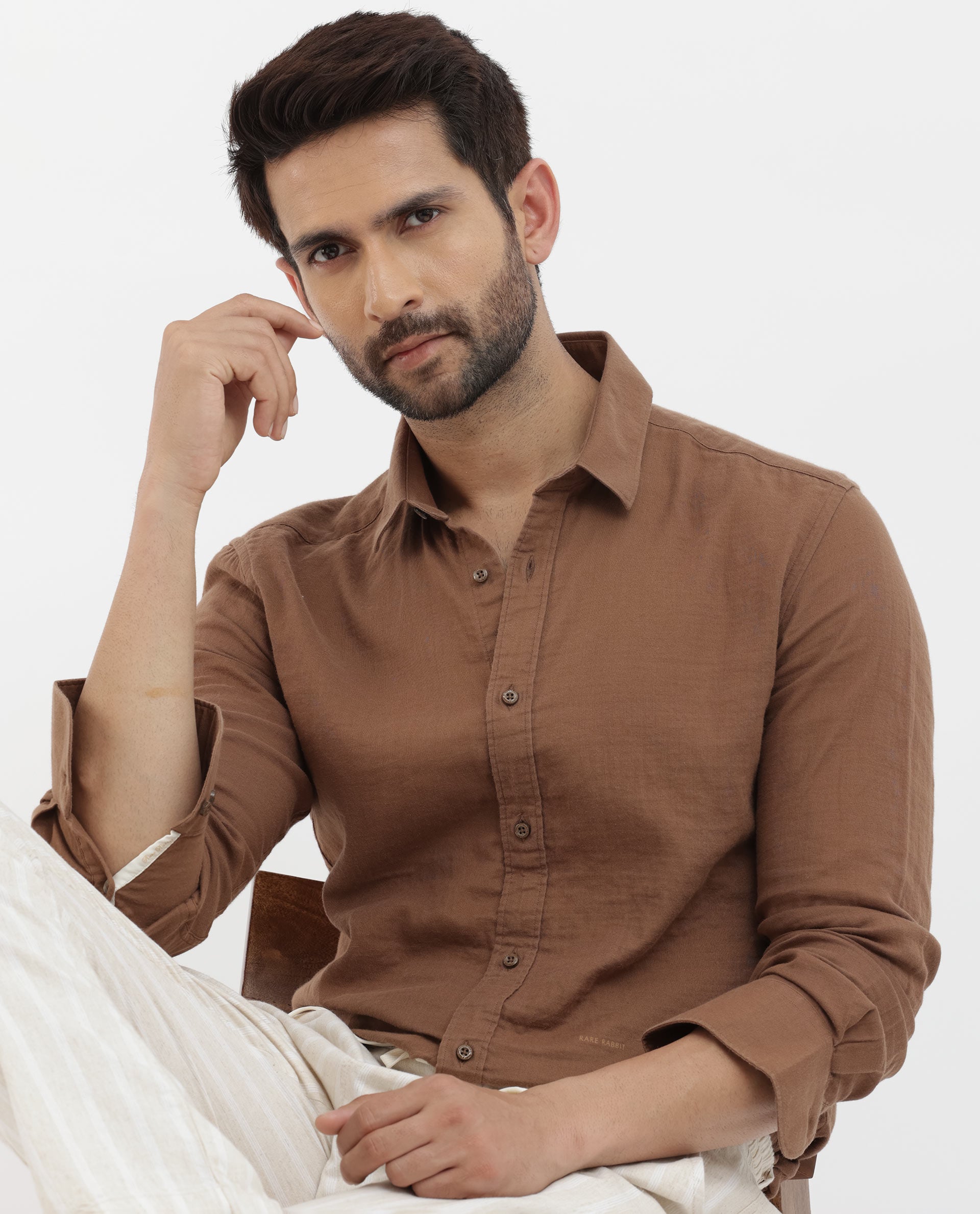 Rare Rabbit Mens Layerr Brown Cotton Fabric Full Sleeves Solid Shirt