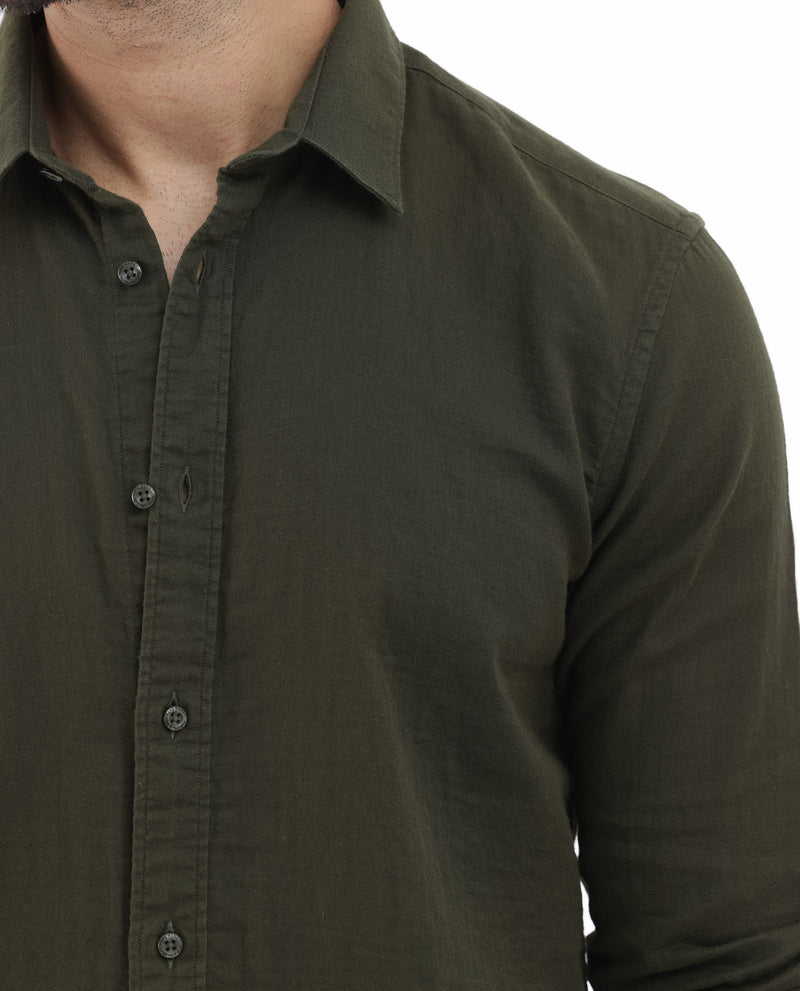 Rare Rabbit Mens Layerr Olive Cotton Fabric Full Sleeves Solid Shirt