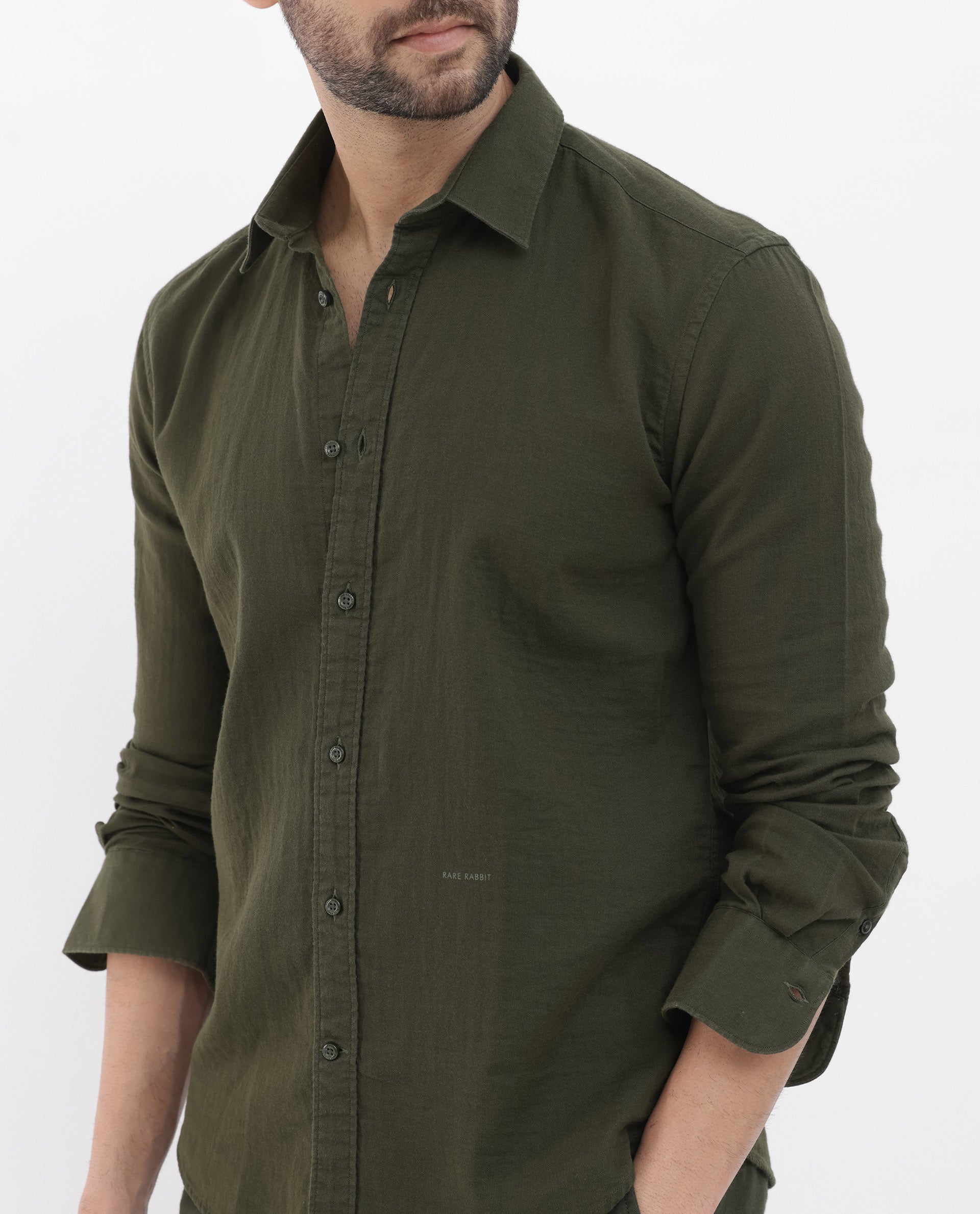 Rare Rabbit Mens Layerr Olive Cotton Fabric Full Sleeves Solid Shirt