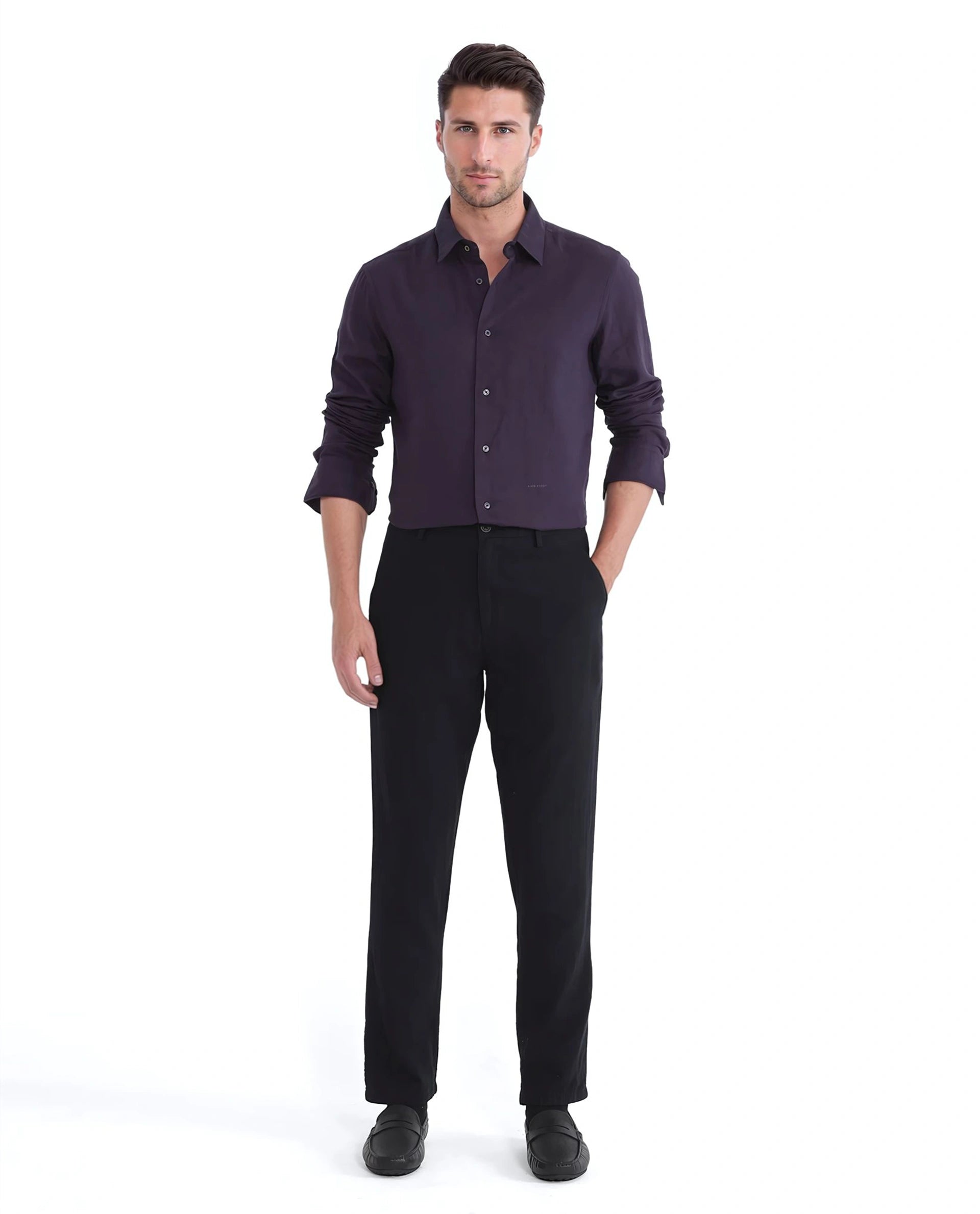 Rare Rabbit Men Layerr Ls-25 Purple Cotton Fabric Full Sleeves Collared Neck Button Closure Plain Shirt