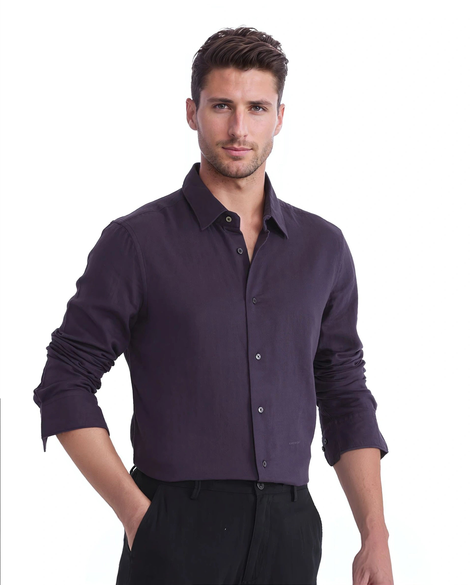 Rare Rabbit Men Layerr Ls-25 Purple Cotton Fabric Full Sleeves Collared Neck Button Closure Plain Shirt
