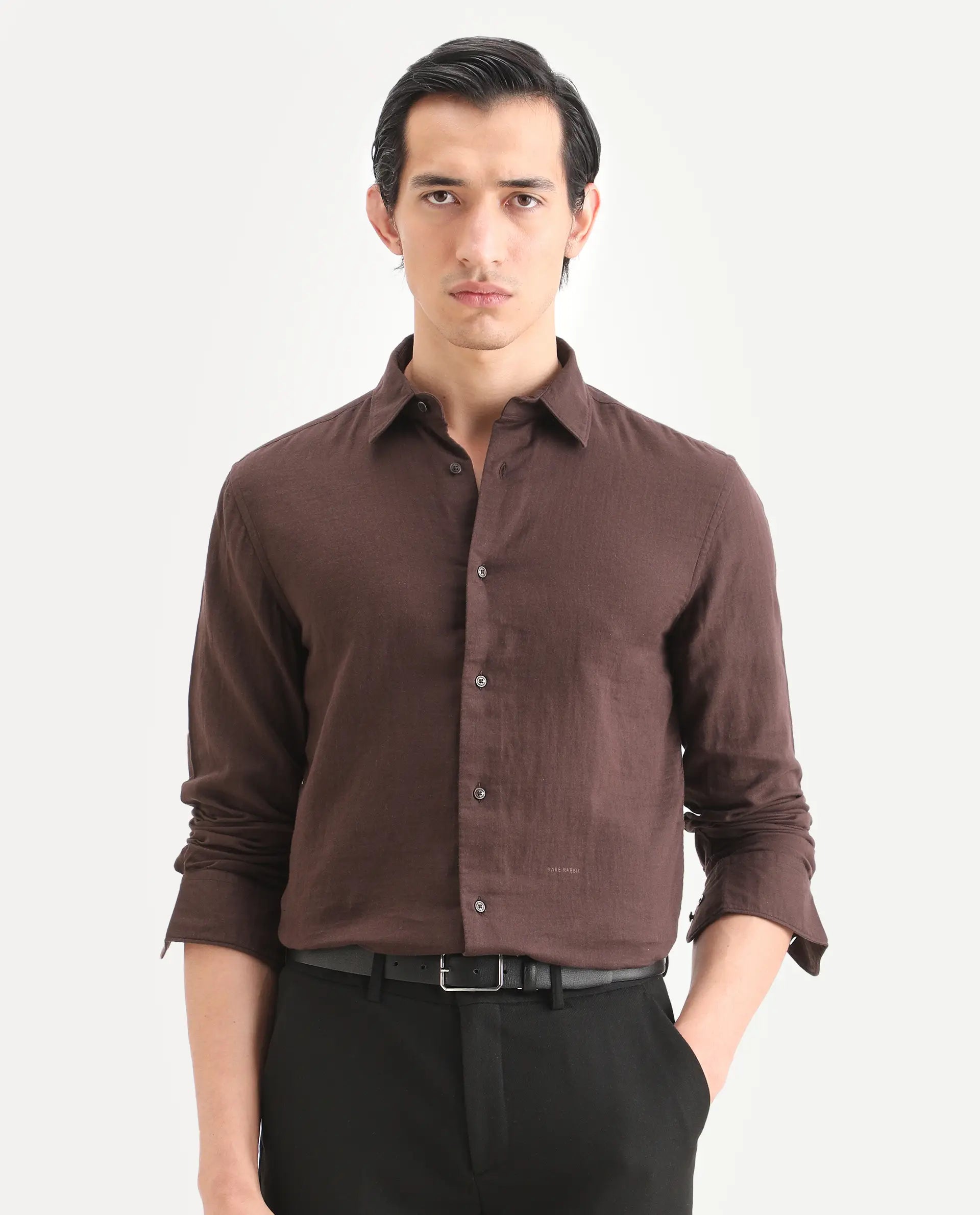 Rare Rabbit Men's Layerr-Ls Brown Cotton Fabric Full Sleeve Spread Collar Regular Fit Plain Shirt