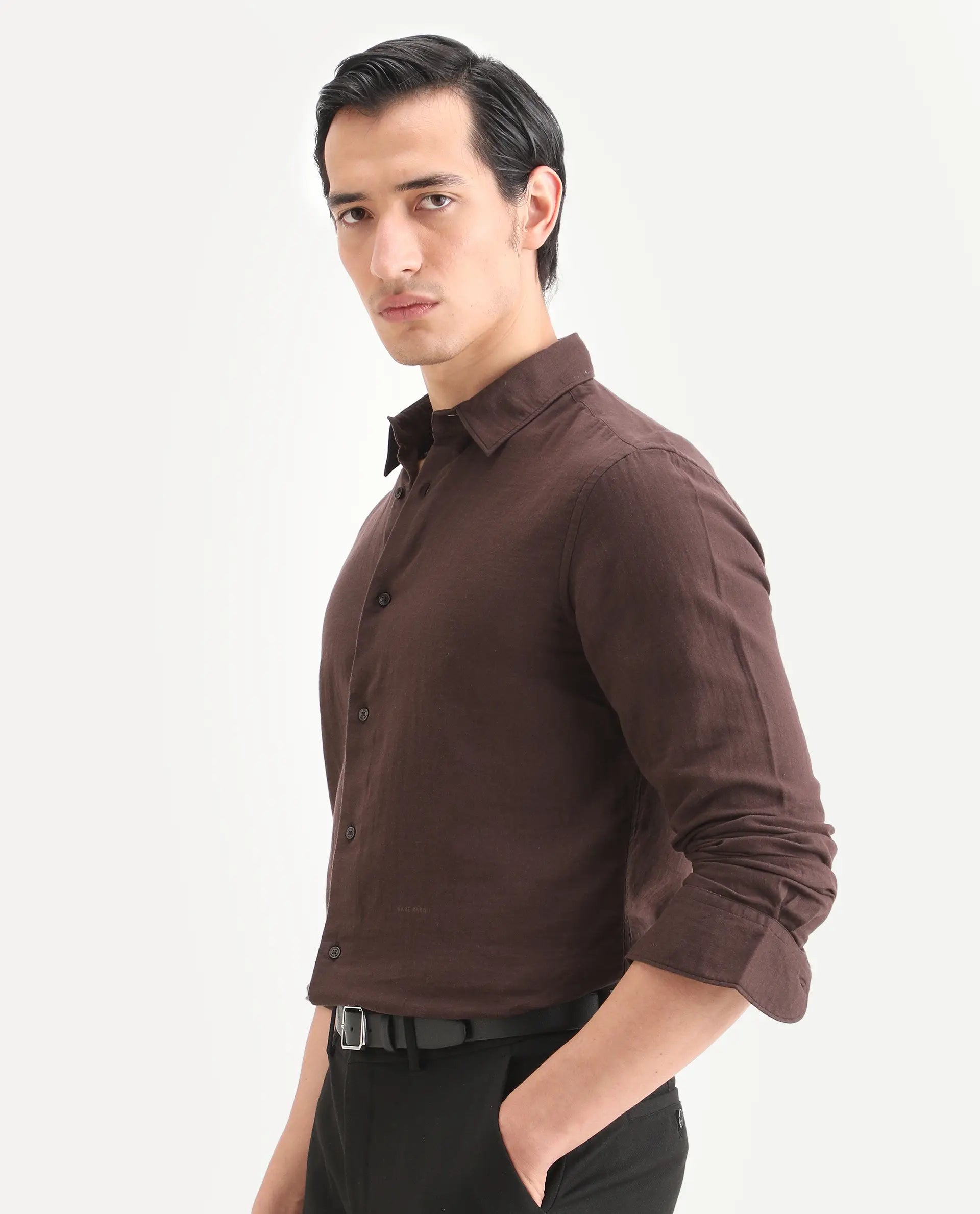 Rare Rabbit Men's Layerr-Ls Brown Cotton Fabric Full Sleeve Spread Collar Regular Fit Plain Shirt