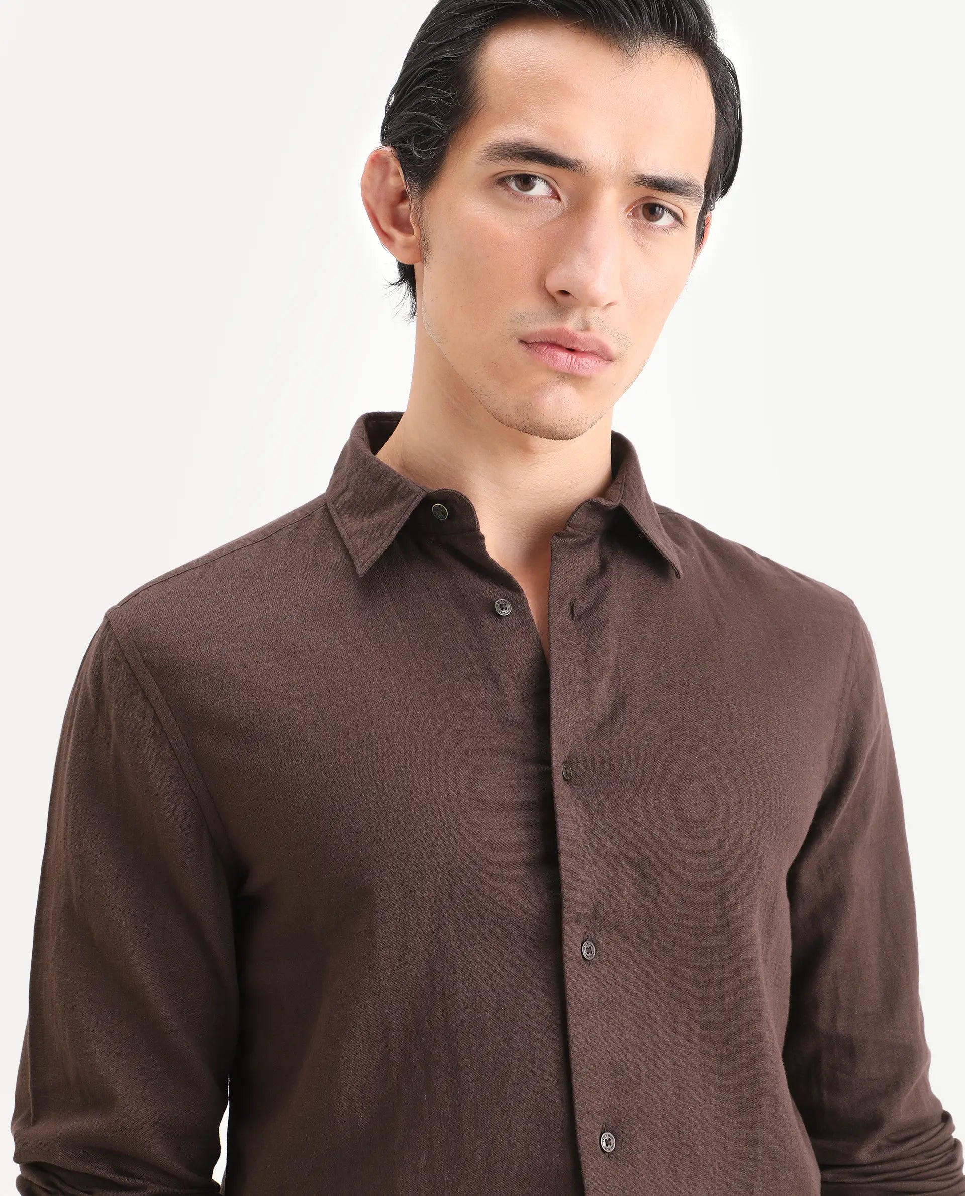 Rare Rabbit Men's Layerr-Ls Brown Cotton Fabric Full Sleeve Spread Collar Regular Fit Plain Shirt