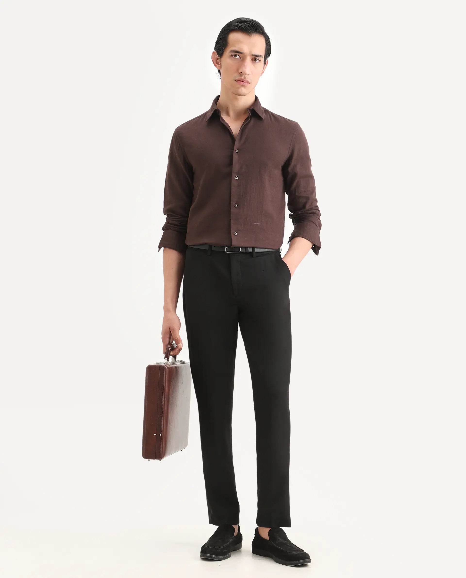 Rare Rabbit Men's Layerr-Ls Brown Cotton Fabric Full Sleeve Spread Collar Regular Fit Plain Shirt