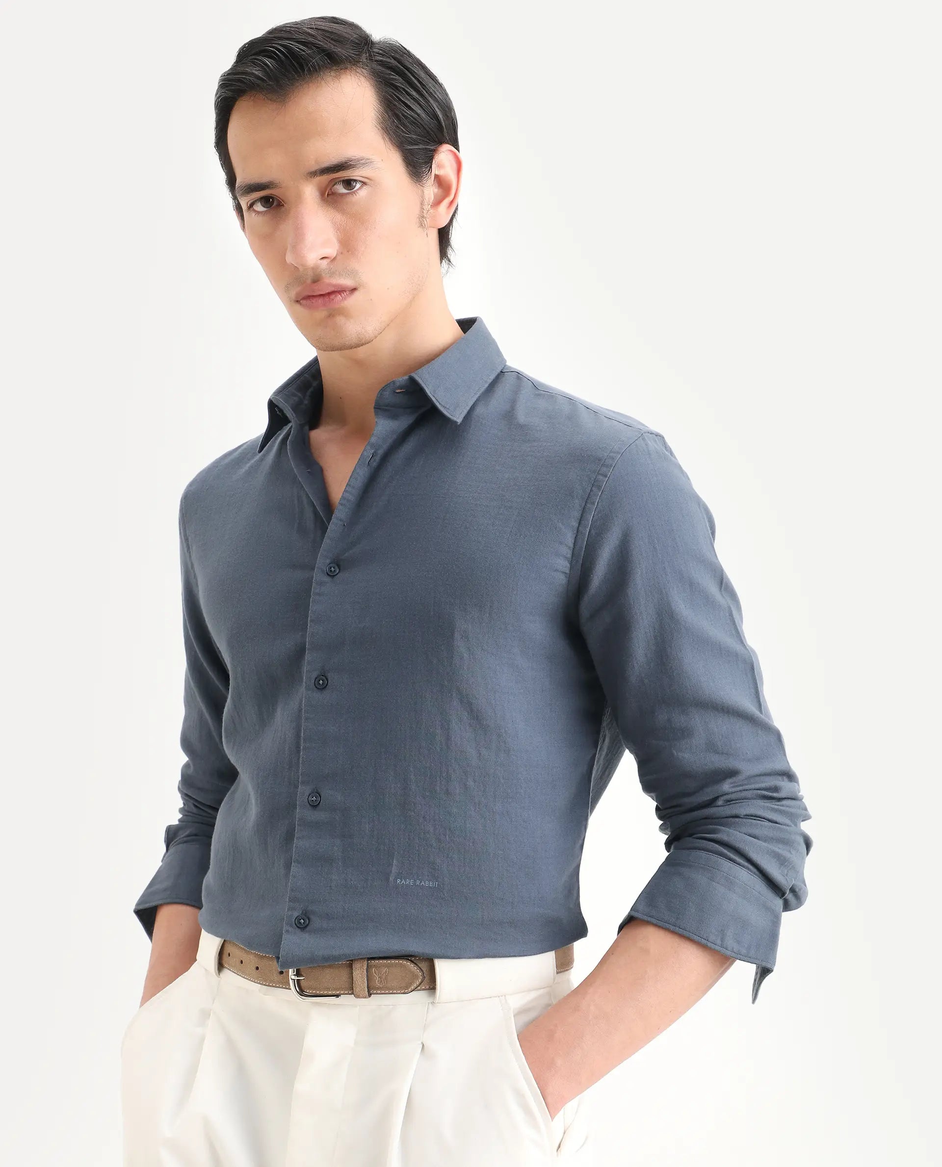 Rare Rabbit Men's Layerr-Ls Dusky Blue Cotton Fabric Full Sleeve Spread Collar Regular Fit Plain Shirt