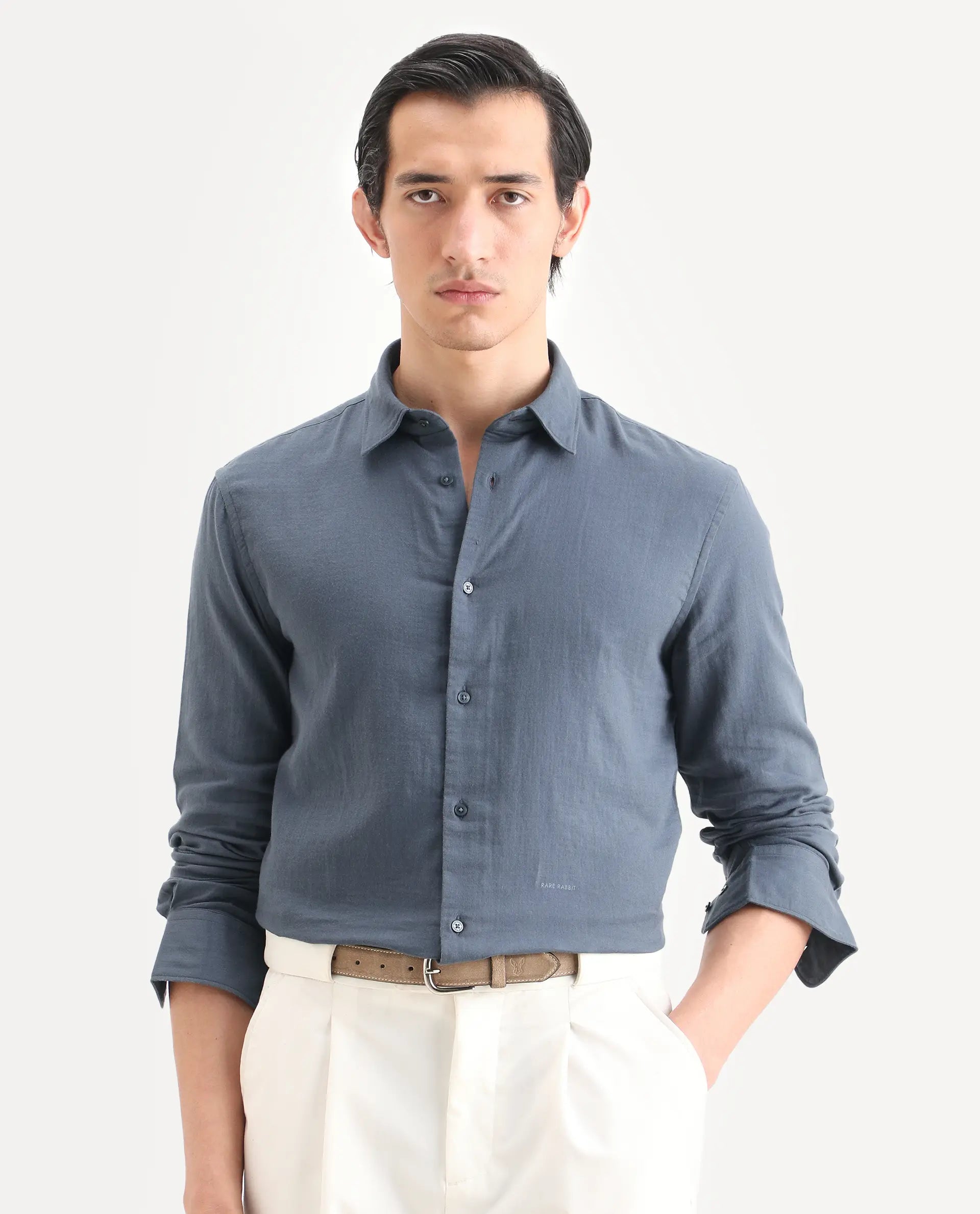 Rare Rabbit Men's Layerr-Ls Dusky Blue Cotton Fabric Full Sleeve Spread Collar Regular Fit Plain Shirt