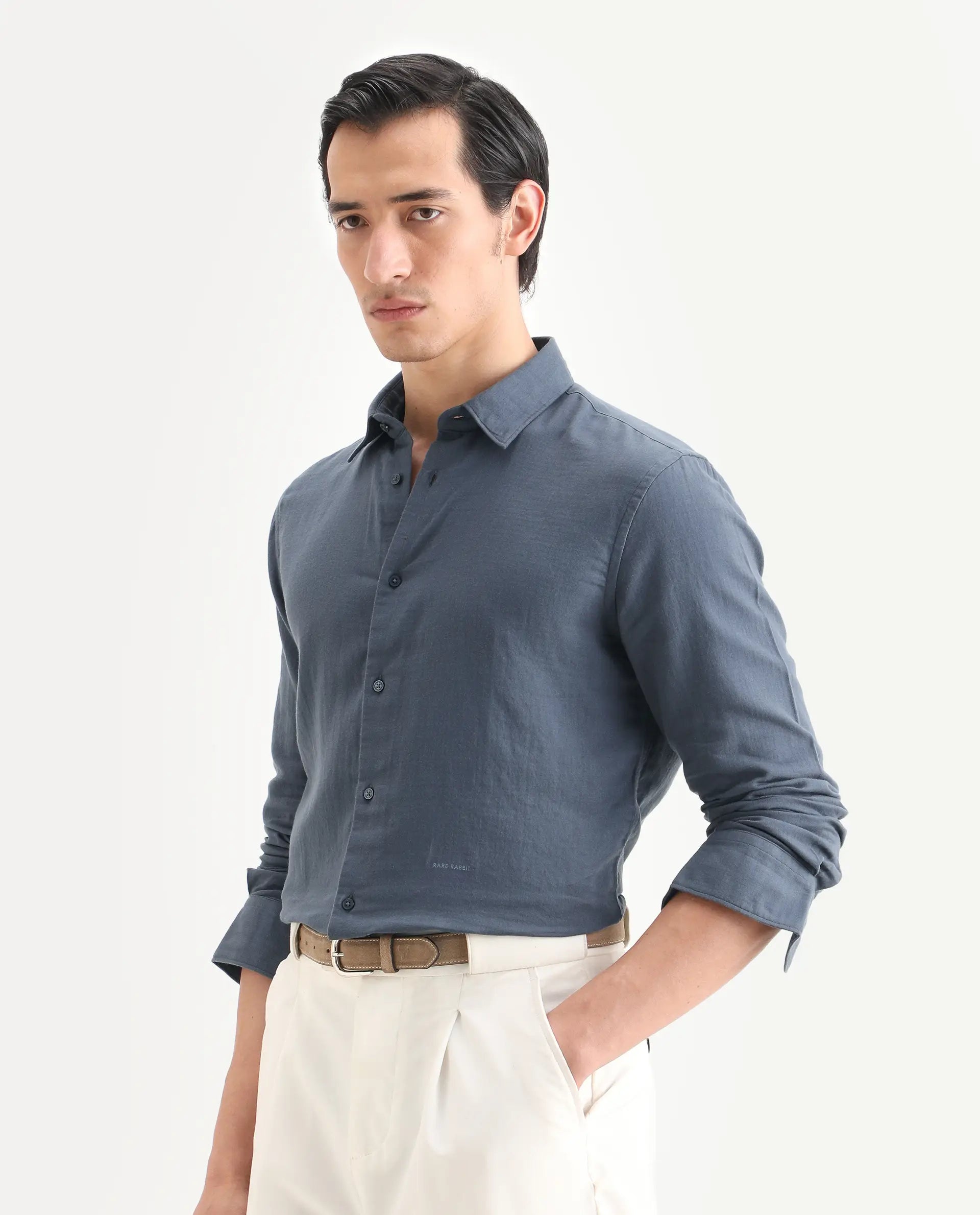 Rare Rabbit Men's Layerr-Ls Dusky Blue Cotton Fabric Full Sleeve Spread Collar Regular Fit Plain Shirt