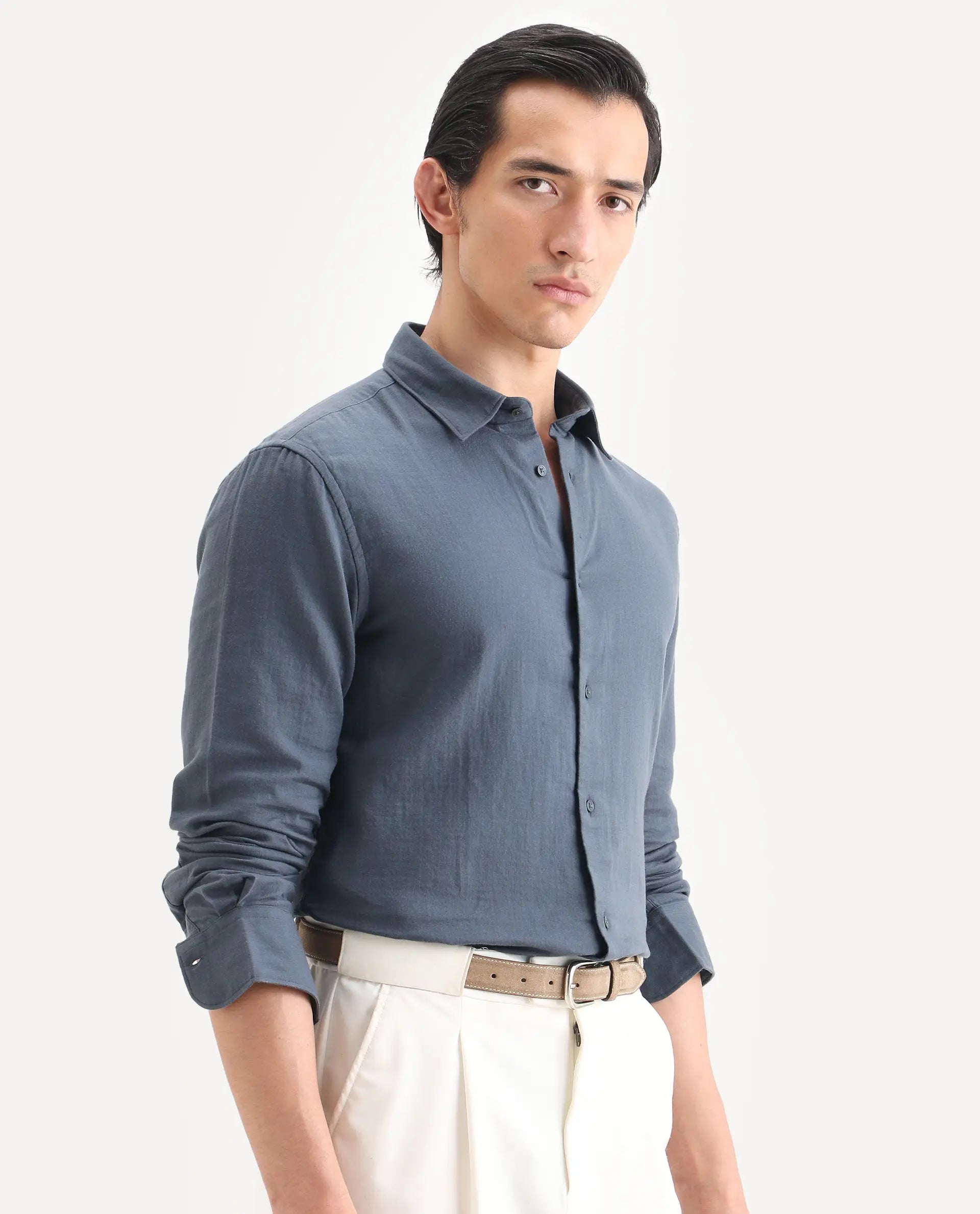 Rare Rabbit Men's Layerr-Ls Dusky Blue Cotton Fabric Full Sleeve Spread Collar Regular Fit Plain Shirt