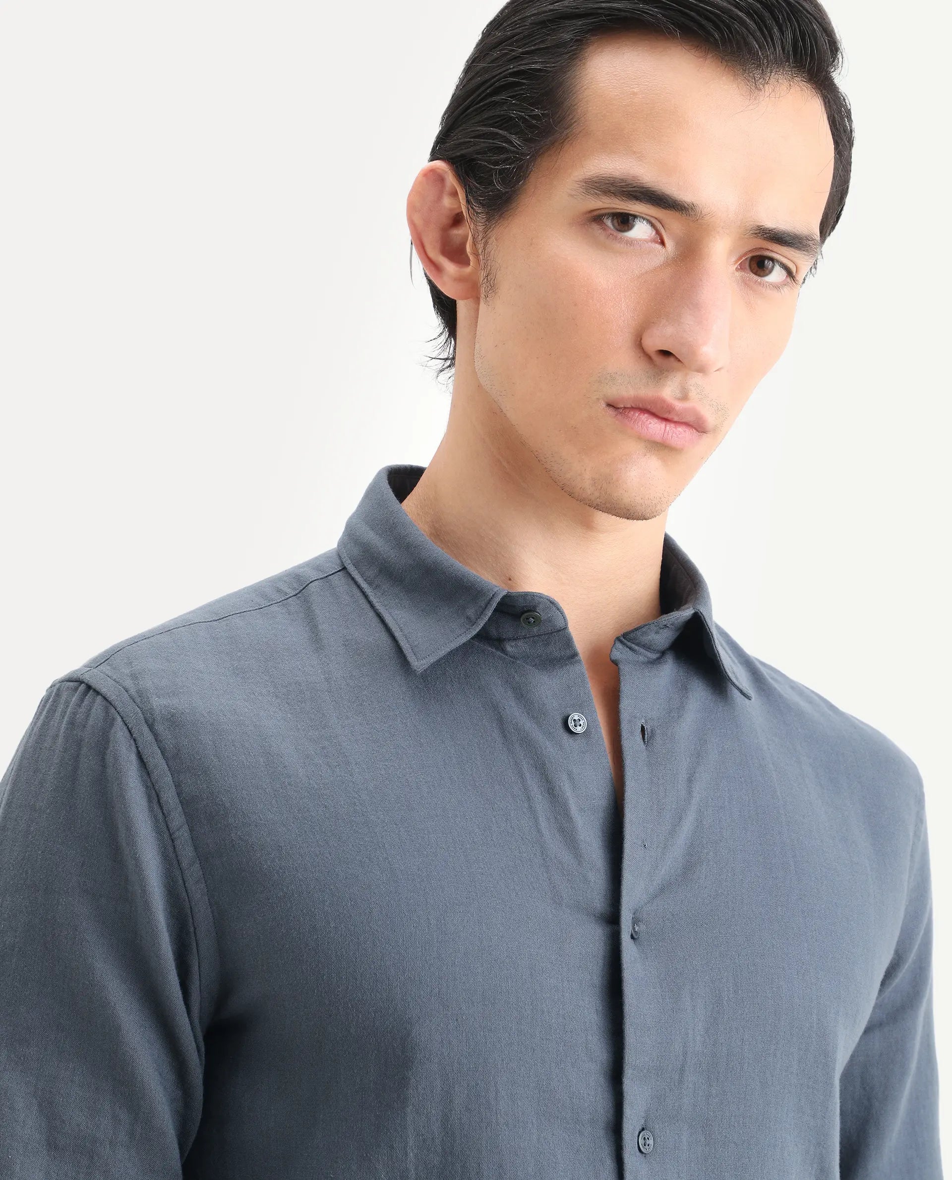 Rare Rabbit Men's Layerr-Ls Dusky Blue Cotton Fabric Full Sleeve Spread Collar Regular Fit Plain Shirt