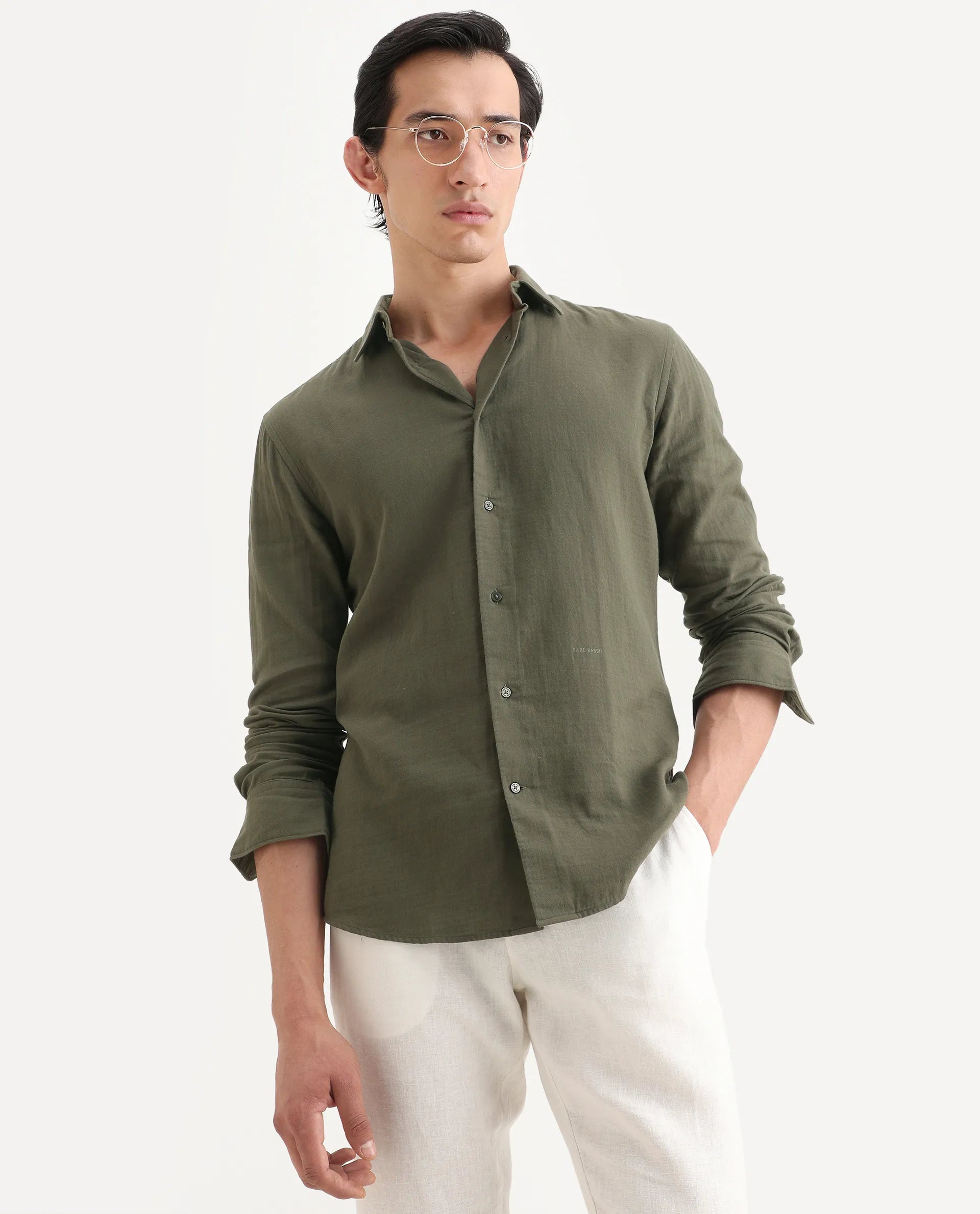 Rare Rabbit Men's Layerr-Ls Olive Cotton Plain Regular Fit Full Sleeve Collared Shirt