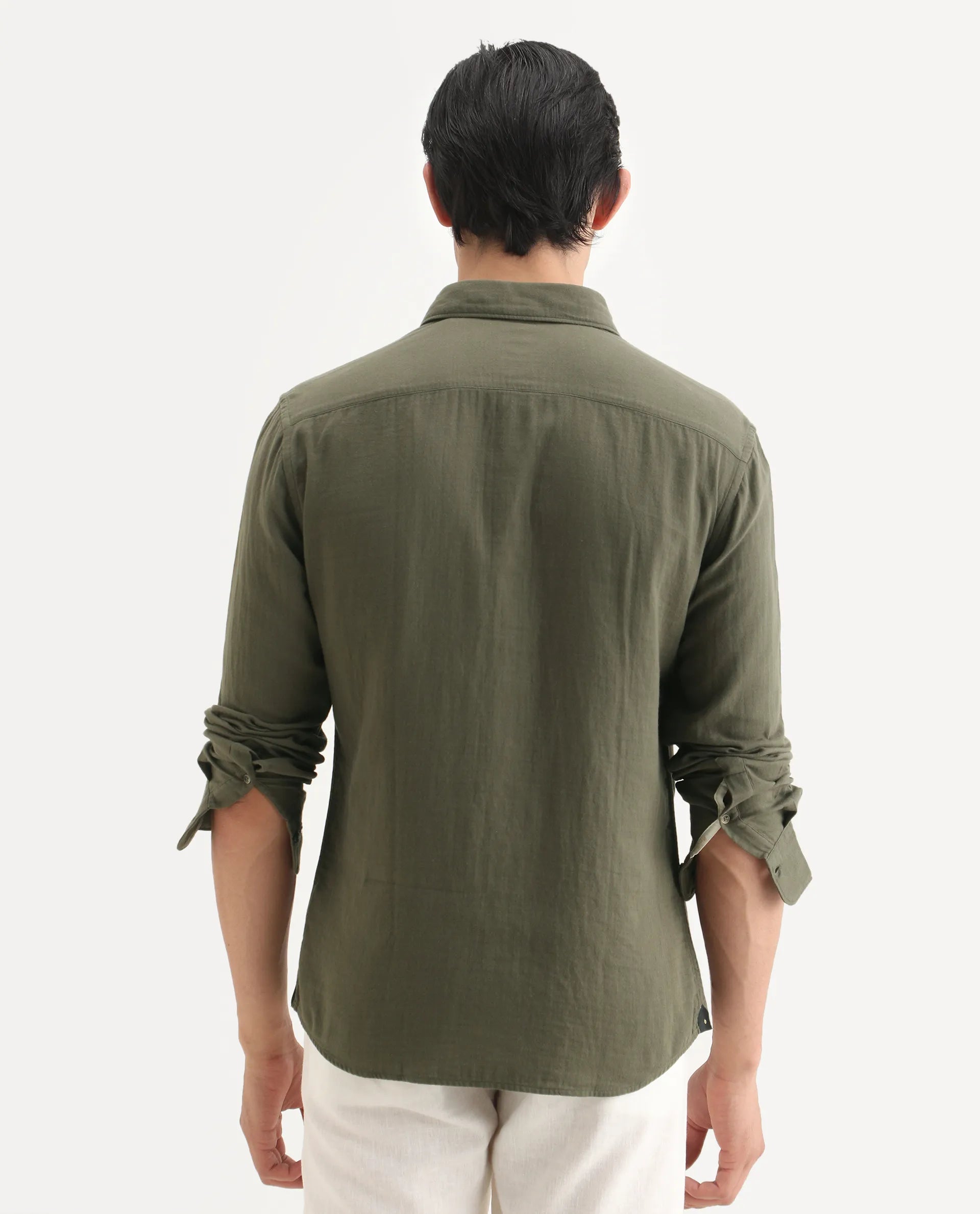 Rare Rabbit Men's Layerr-Ls Olive Cotton Plain Regular Fit Full Sleeve Collared Shirt