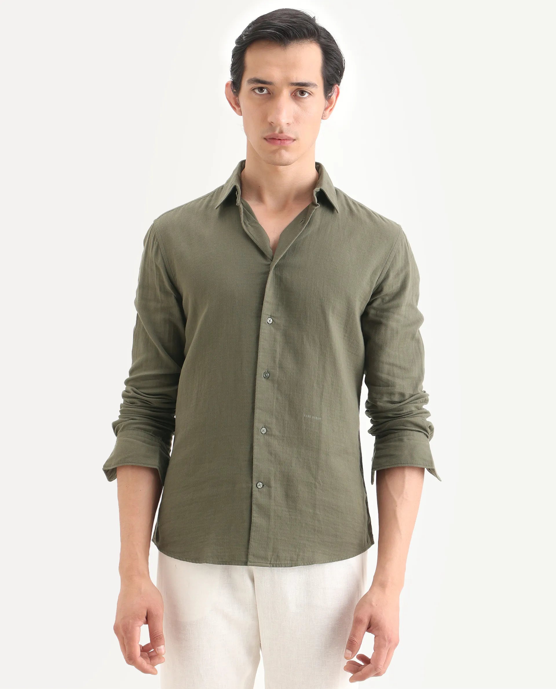 Rare Rabbit Men's Layerr-Ls Olive Cotton Plain Regular Fit Full Sleeve Collared Shirt