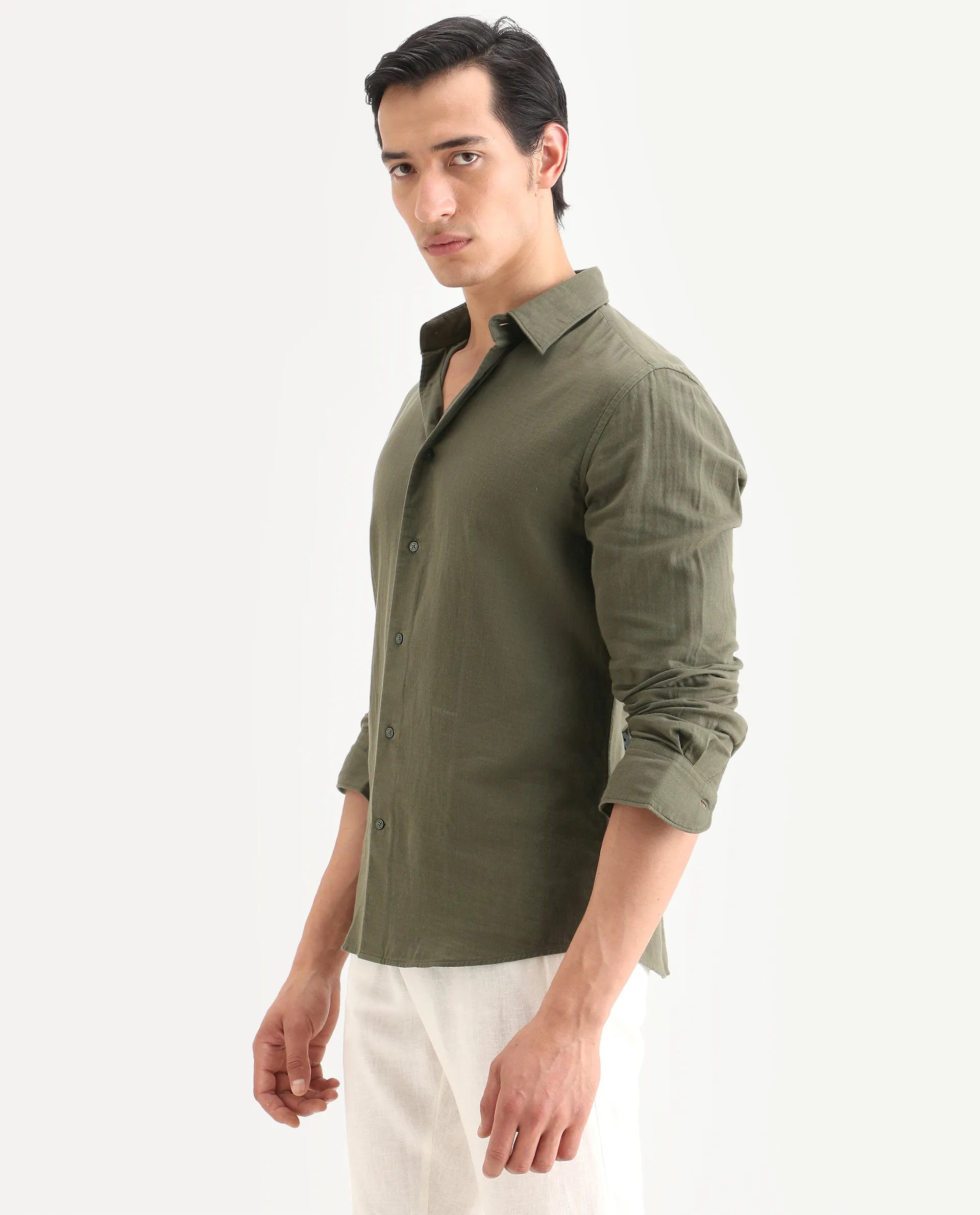 Rare Rabbit Men's Layerr-Ls Olive Cotton Plain Regular Fit Full Sleeve Collared Shirt