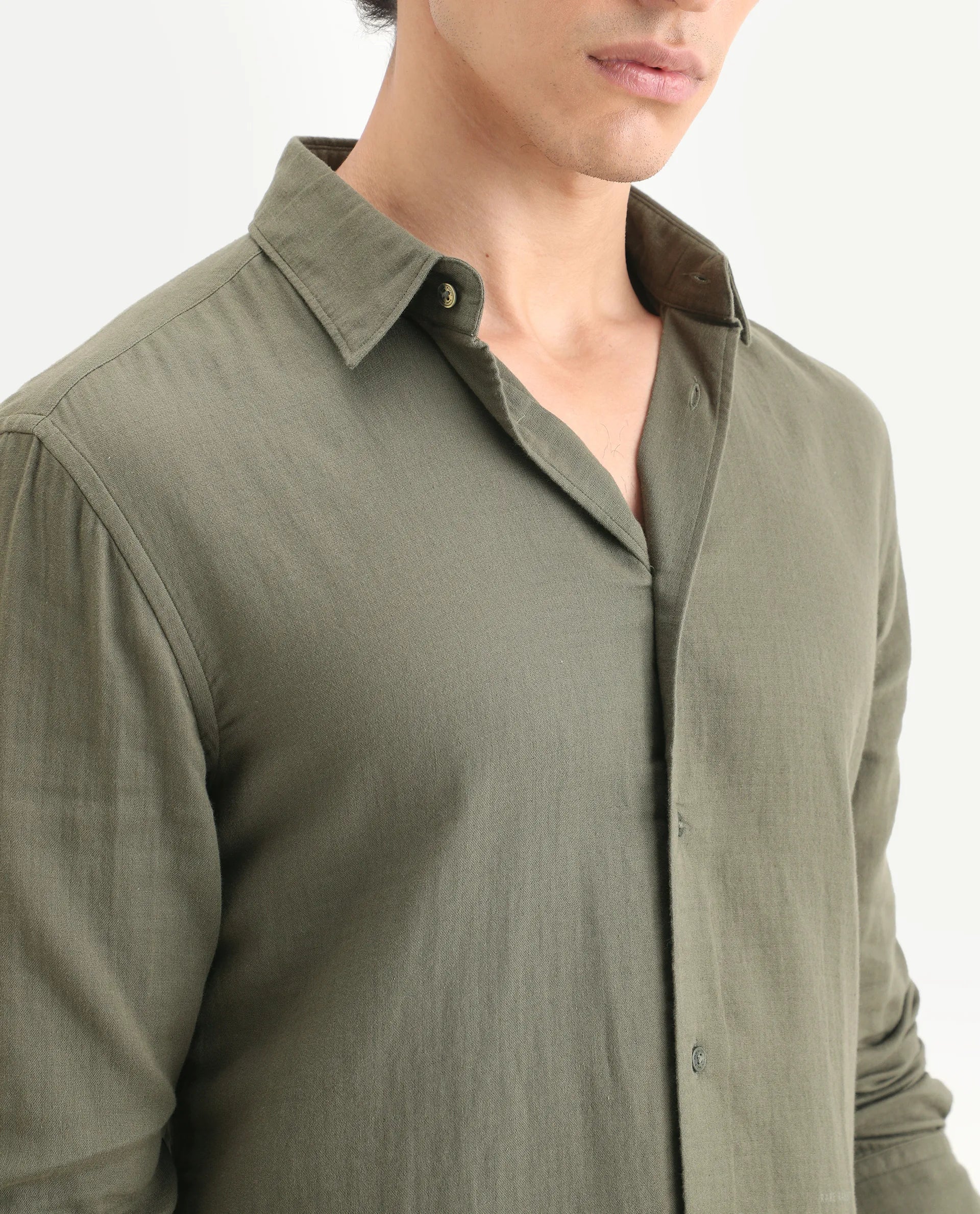 Rare Rabbit Men's Layerr-Ls Olive Cotton Plain Regular Fit Full Sleeve Collared Shirt